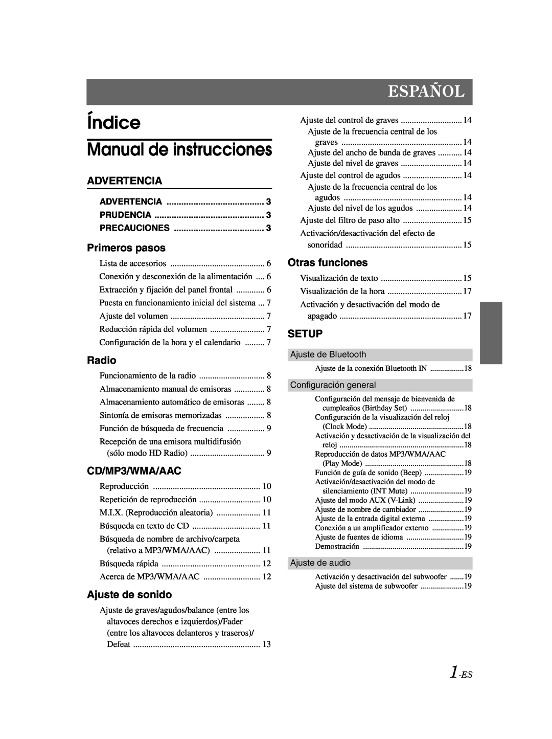 Alpine CDA-9885 Índice Manual de instrucciones, Español, Advertencia, Primeros pasos, Ajuste de sonido, Otras funciones 