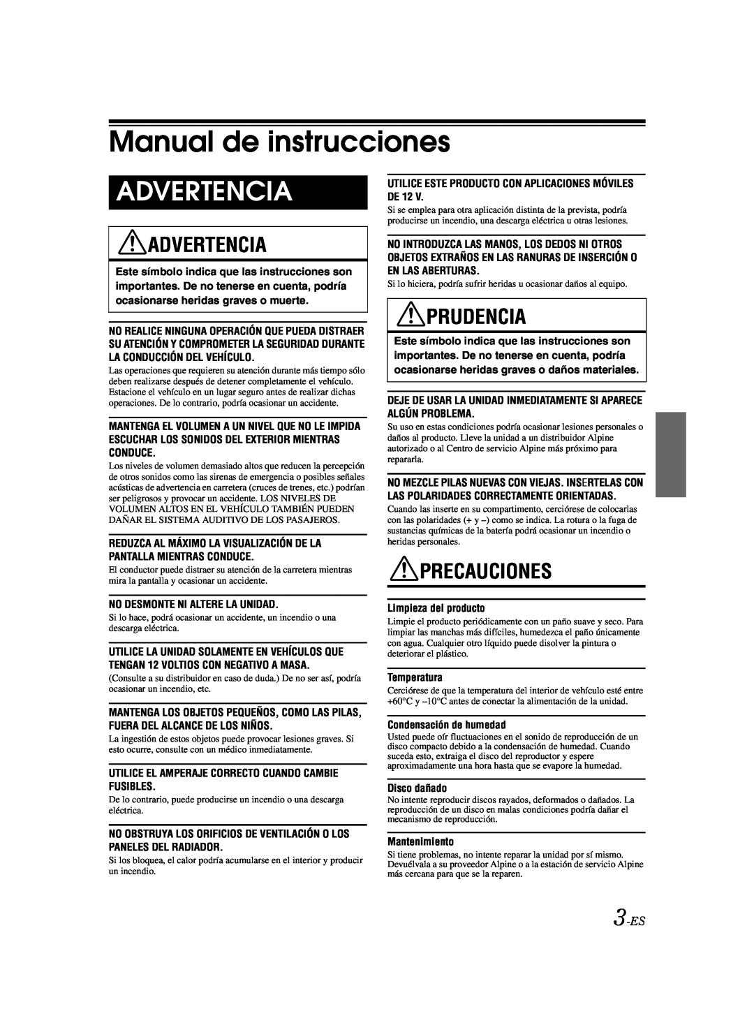 Alpine CDA-9885 owner manual Manual de instrucciones, Advertencia, Prudencia, Precauciones, 3-ES 