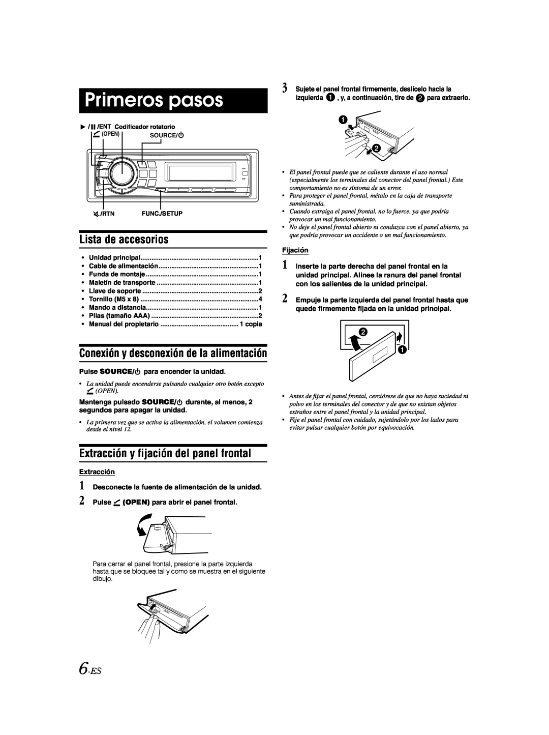 Alpine CDA-9885 owner manual Primeros pasos, Lista de accesorios, Extracción y fijación del panel frontal, 6-ES 