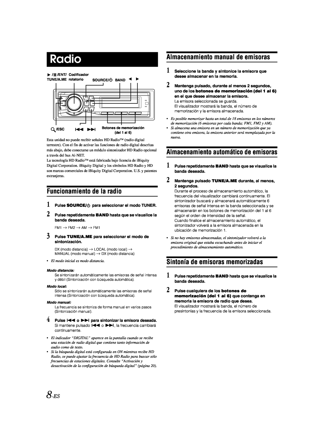 Alpine CDA-9885 Funcionamiento de la radio, Almacenamiento manual de emisoras, Almacenamiento automático de emisoras, 8-ES 