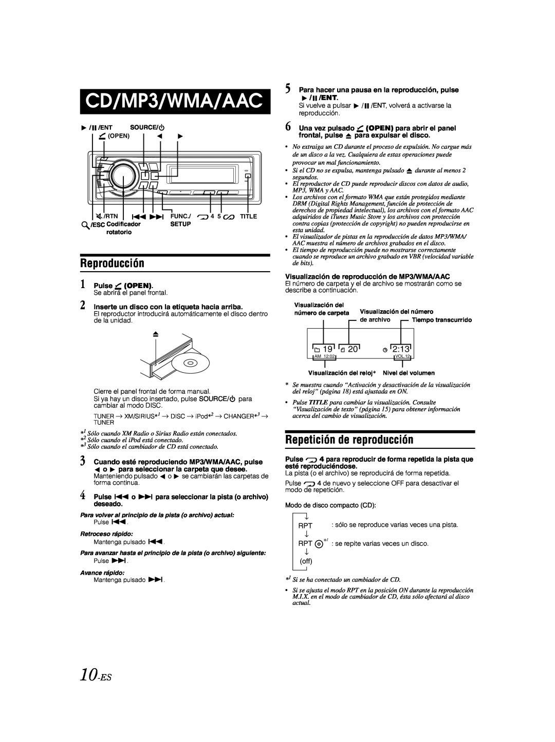 Alpine CDA-9885 owner manual Reproducción, Repetición de reproducción, CD/MP3/WMA/AAC, 2:13, 10-ES 