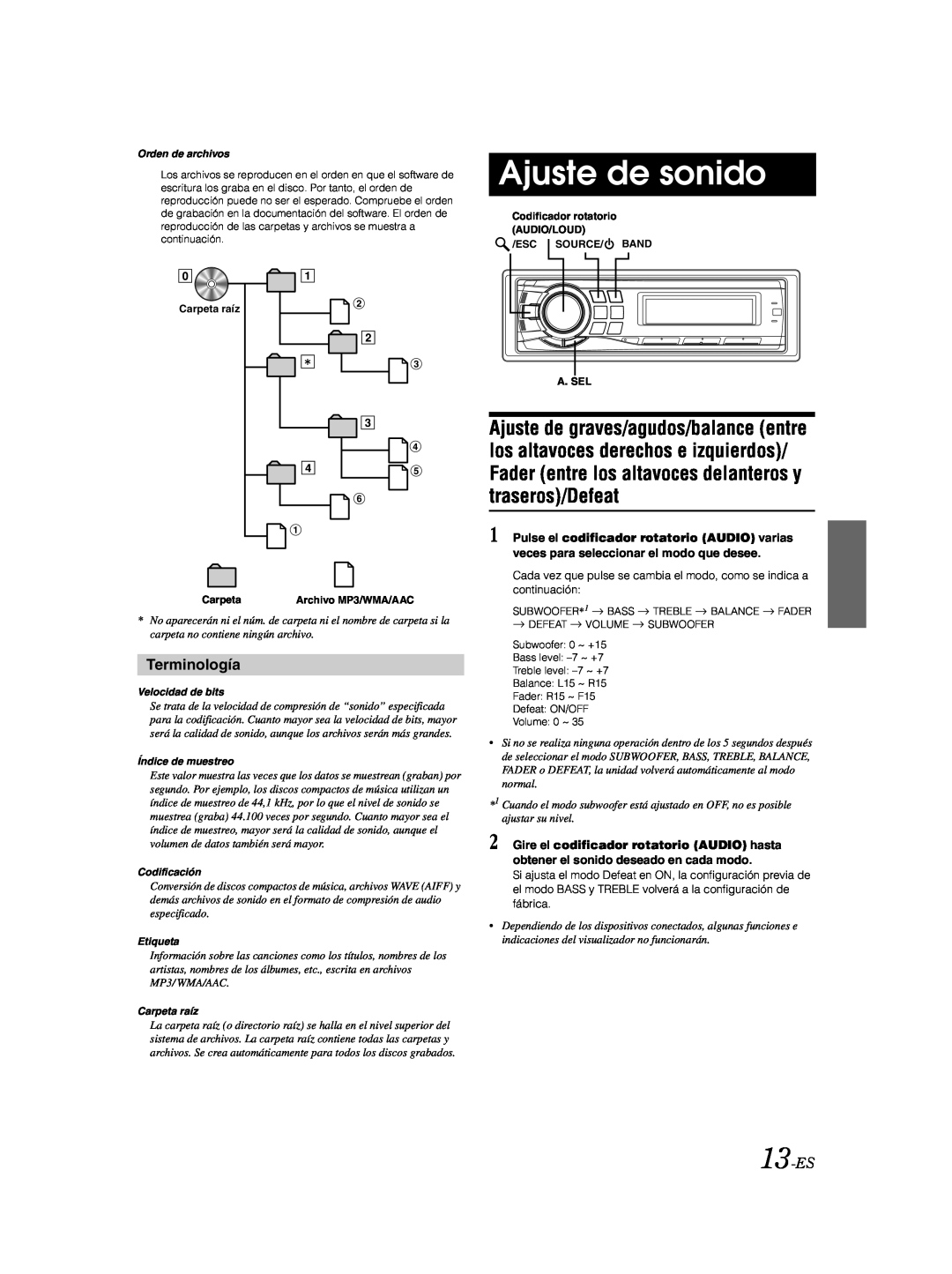 Alpine CDA-9885 owner manual Ajuste de sonido, Terminología, 13-ES 
