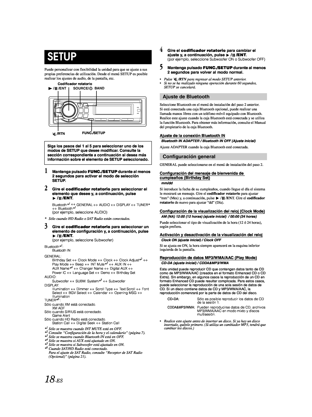 Alpine CDA-9885 owner manual Setup, Ajuste de Bluetooth, Configuración general, 18-ES 