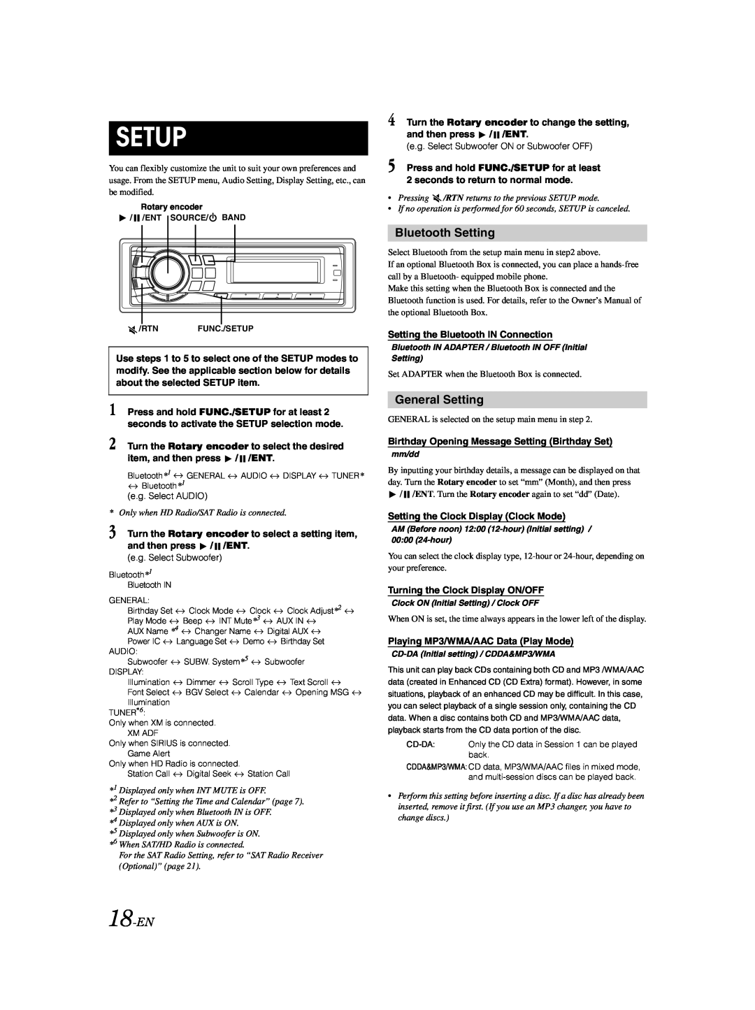 Alpine CDA-9885 owner manual Setup, Bluetooth Setting, General Setting, 18-EN 