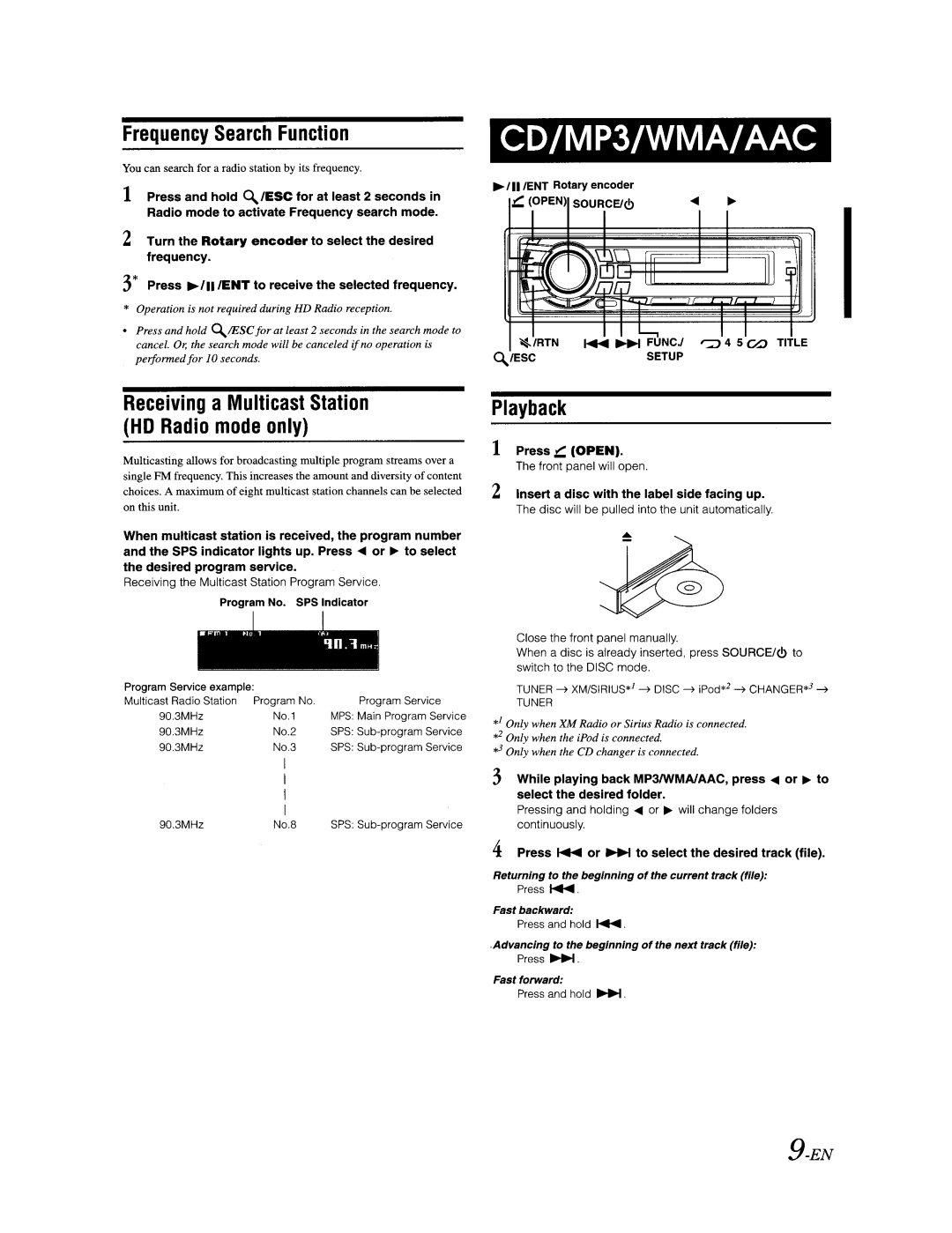 Alpine CDA-9887 Frequency Search Function, Playback, Press .z Open, Insert a disc with the label side facing up 