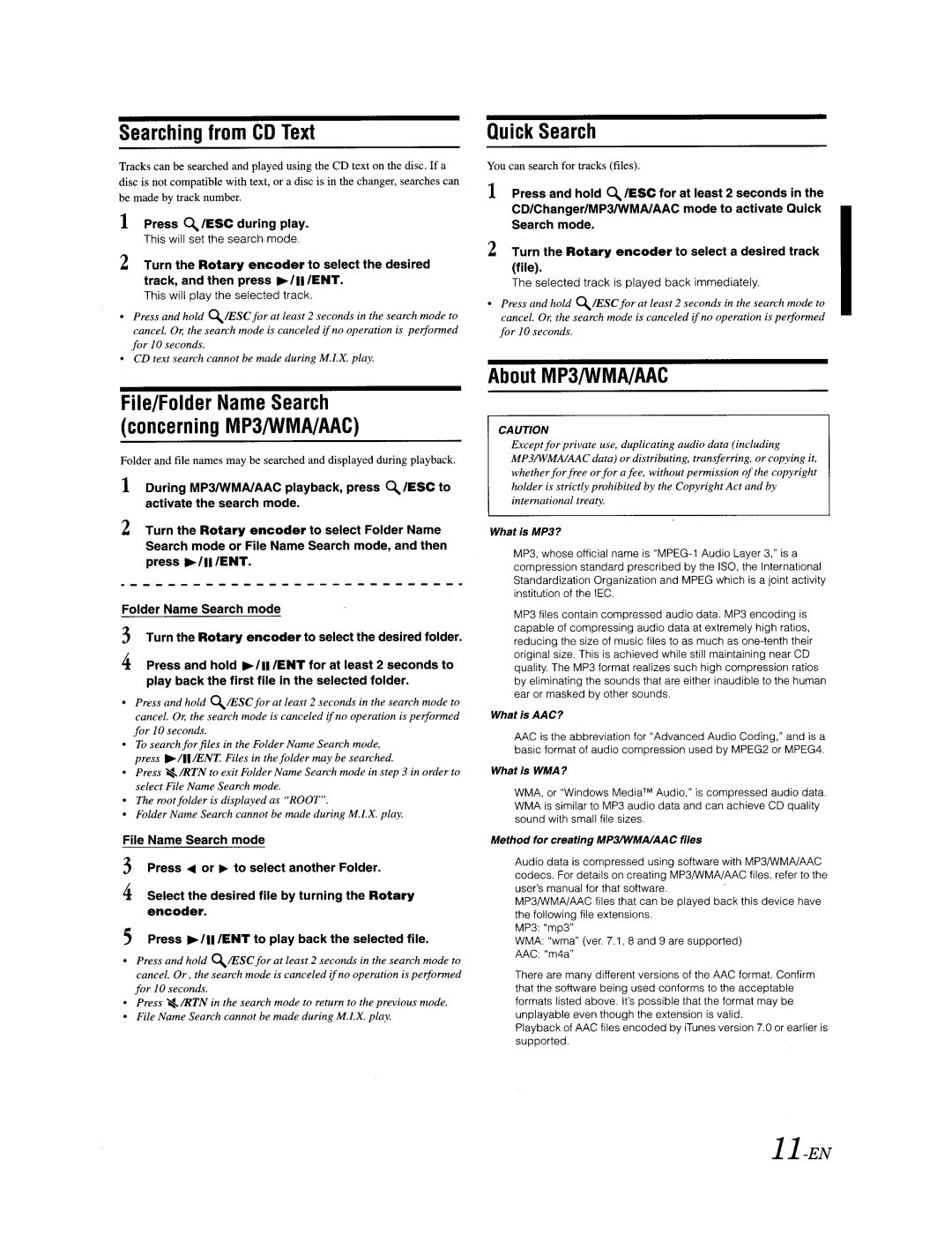 Alpine CDA-9887 owner manual Searching from CD Text, Quick Search, About MP3/WMA/AAC, Press ~/ESe during play 