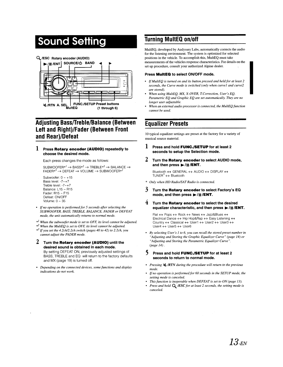 Alpine CDA-9887 owner manual Turning MultEQ on/off, Left and Right/Fader Between Front Rear/Defeat, Equalizer Presets 