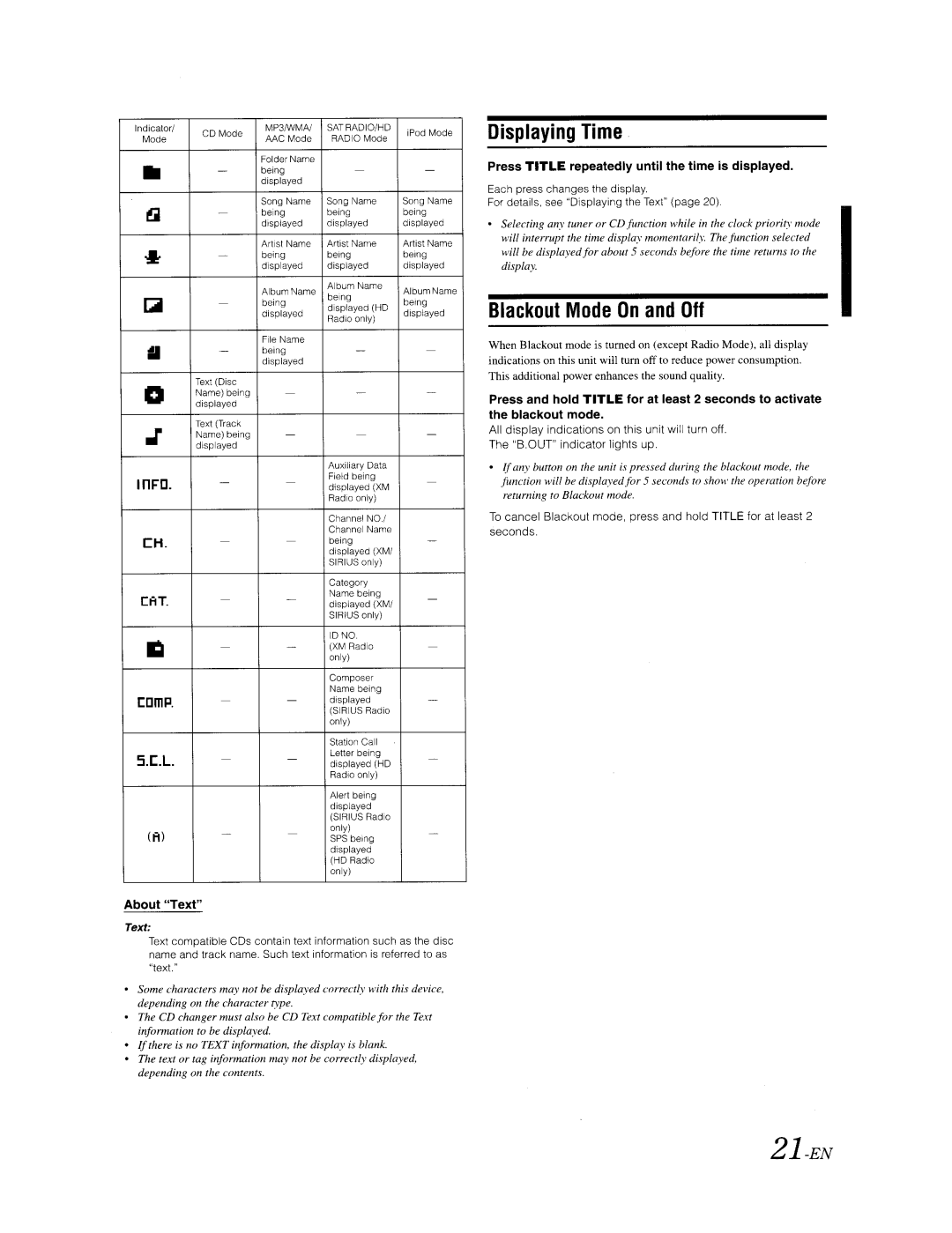 Alpine CDA-9887 Displaying Time, Blackout Mode On and Off, Press Title repeatedly until the time is displayed, About Text 