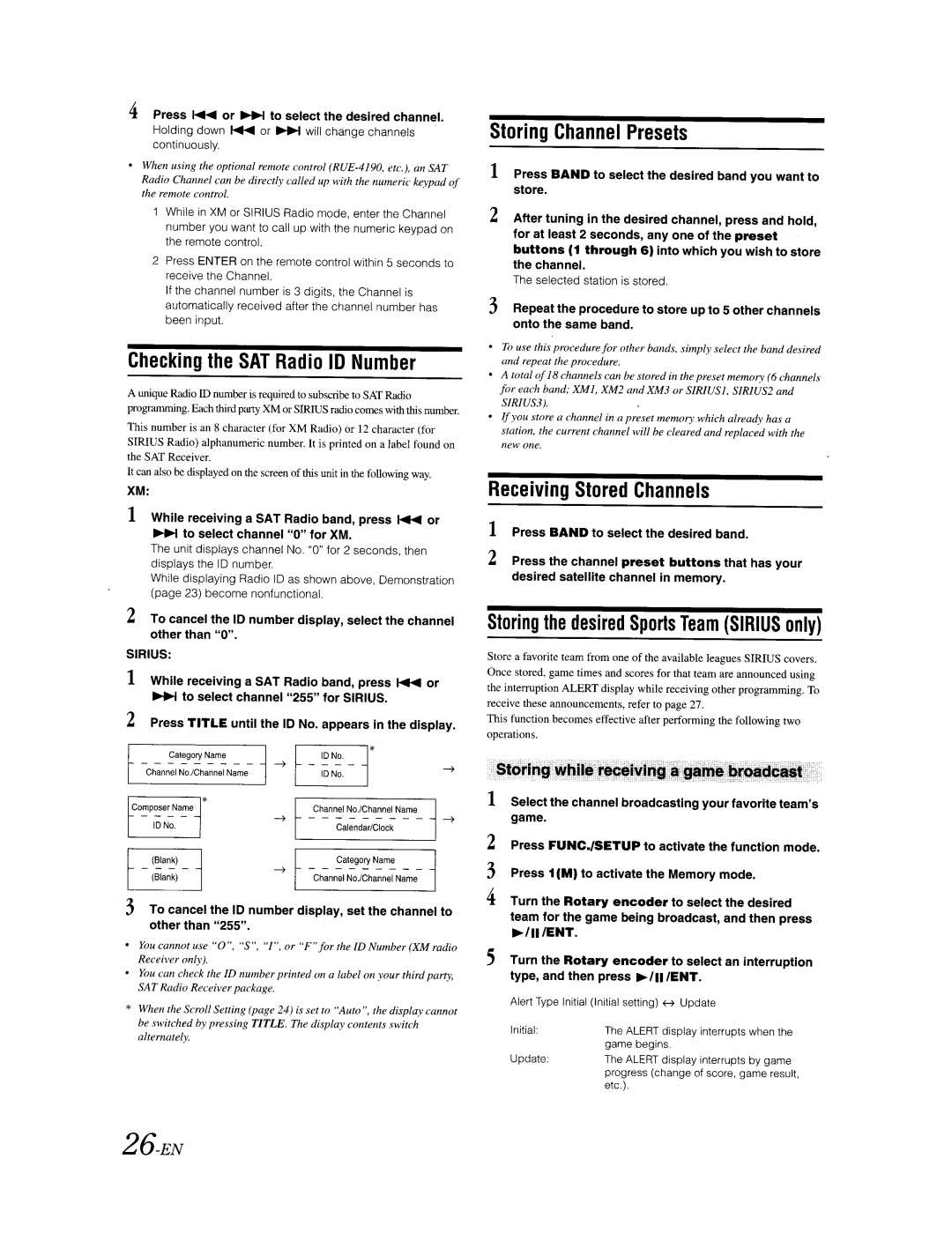 Alpine CDA-9887 owner manual 26-EN, Checking the SAT Radio ID Number, Storing Channel Presets, Receiving Stored Channels 