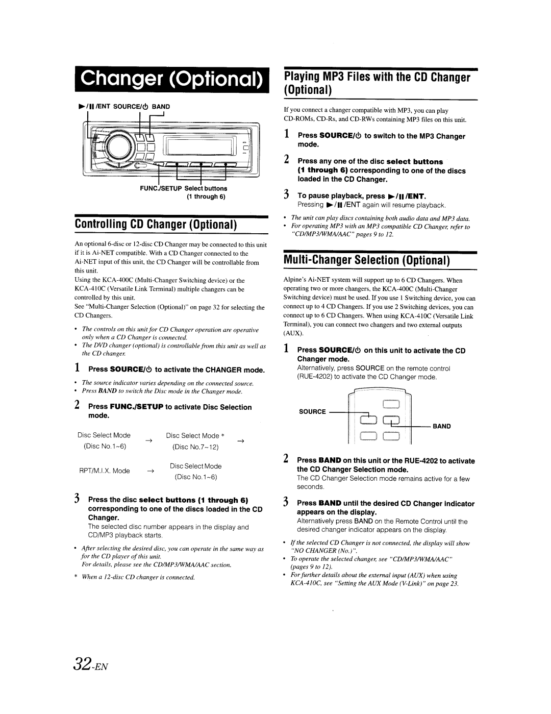 Alpine CDA-9887 owner manual 32-EN, Controlling CD Changer Optional, Playing MP3 Files with the CD Changer Optional 