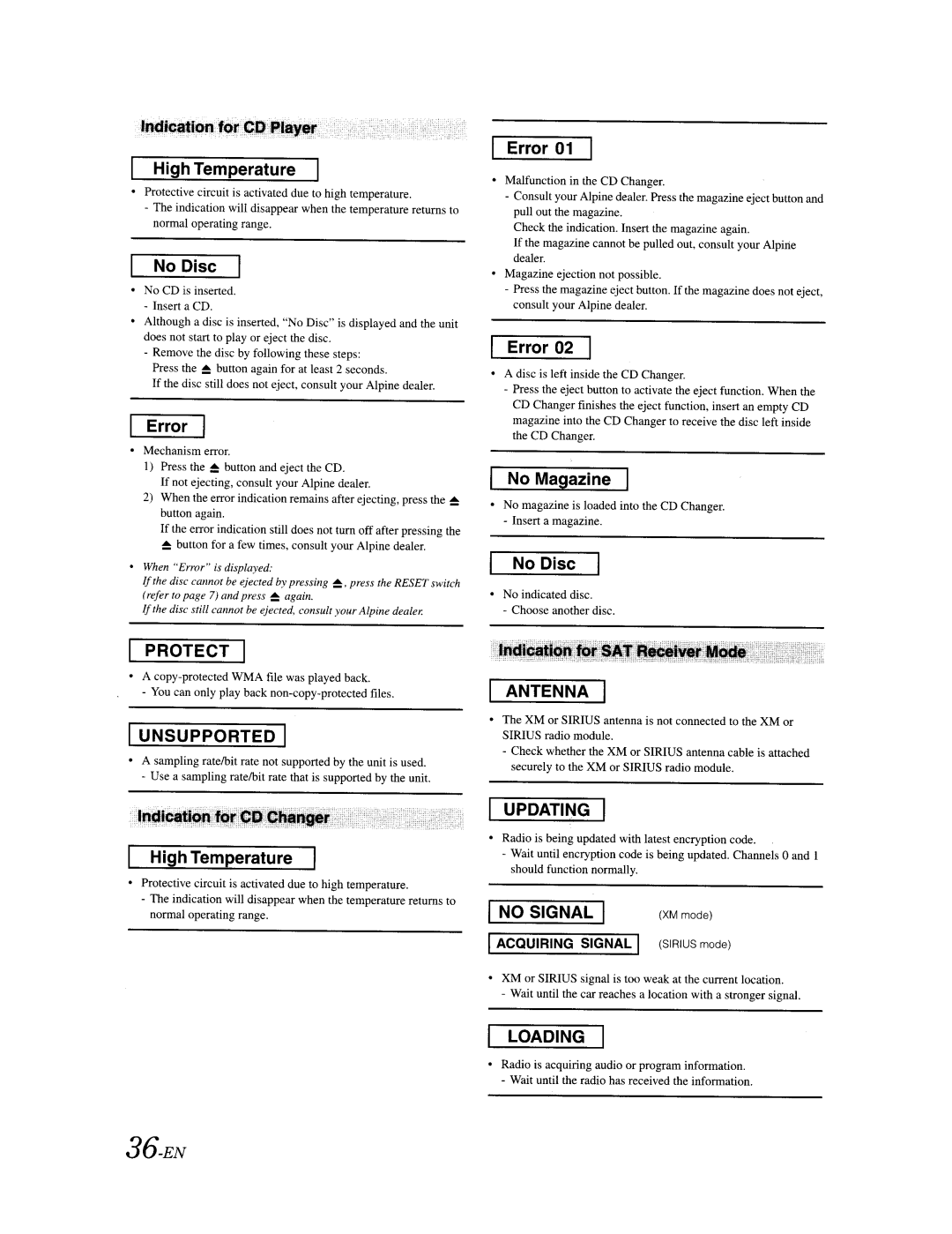 Alpine CDA-9887 owner manual 36-EN, High Temperature 