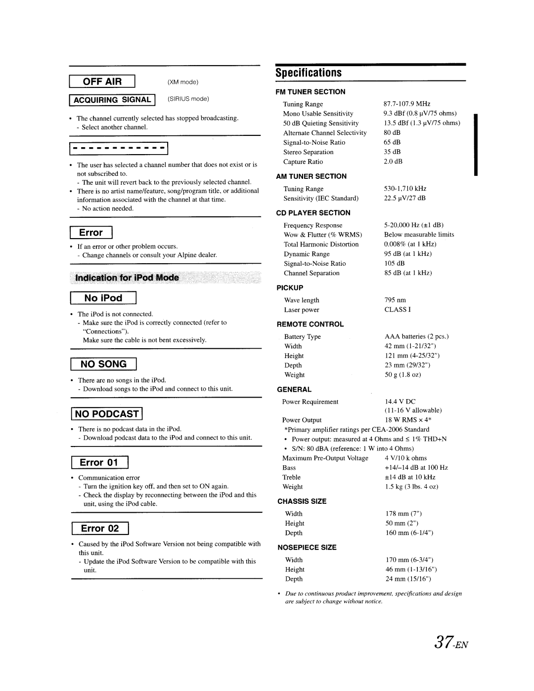 Alpine CDA-9887 owner manual Specifications, Off Air 