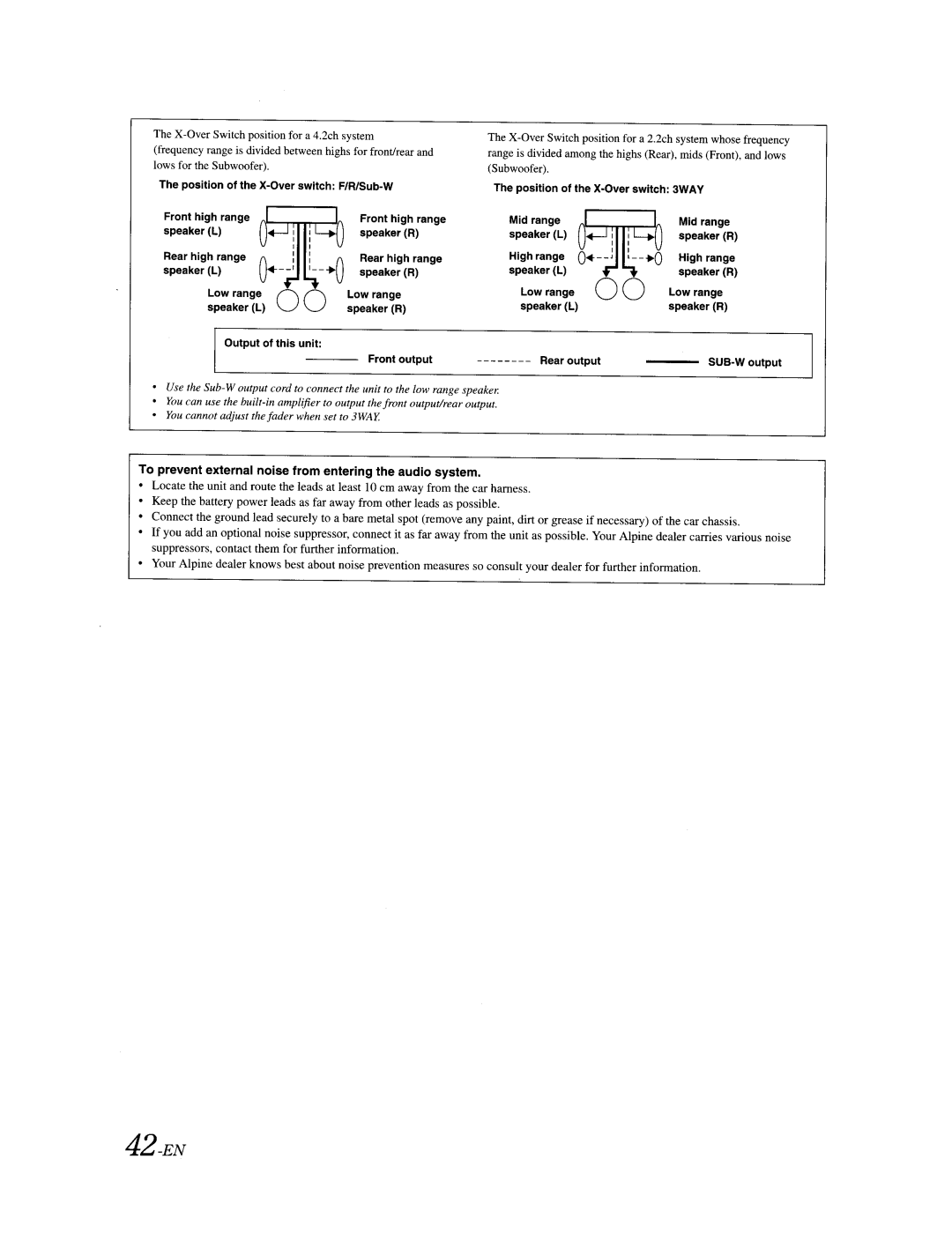 Alpine CDA-9887 owner manual 42-EN, To prevent external noise from entering the audio system 