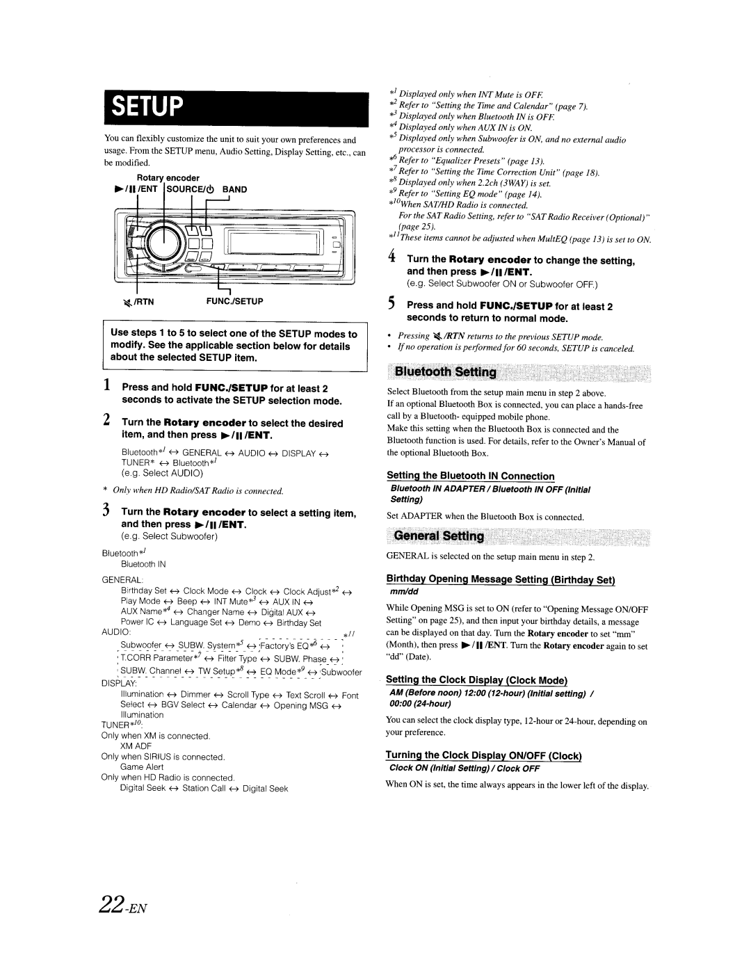 Alpine CDA-9887 owner manual Setup, 22-EN 
