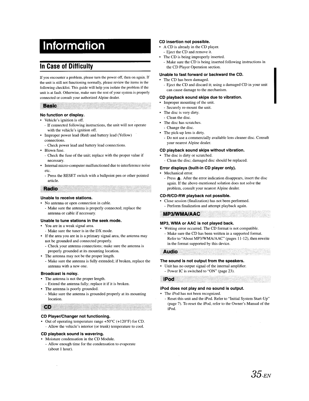 Alpine CDA-9887 owner manual Information, 35-EN, In Case of Difficulty 
