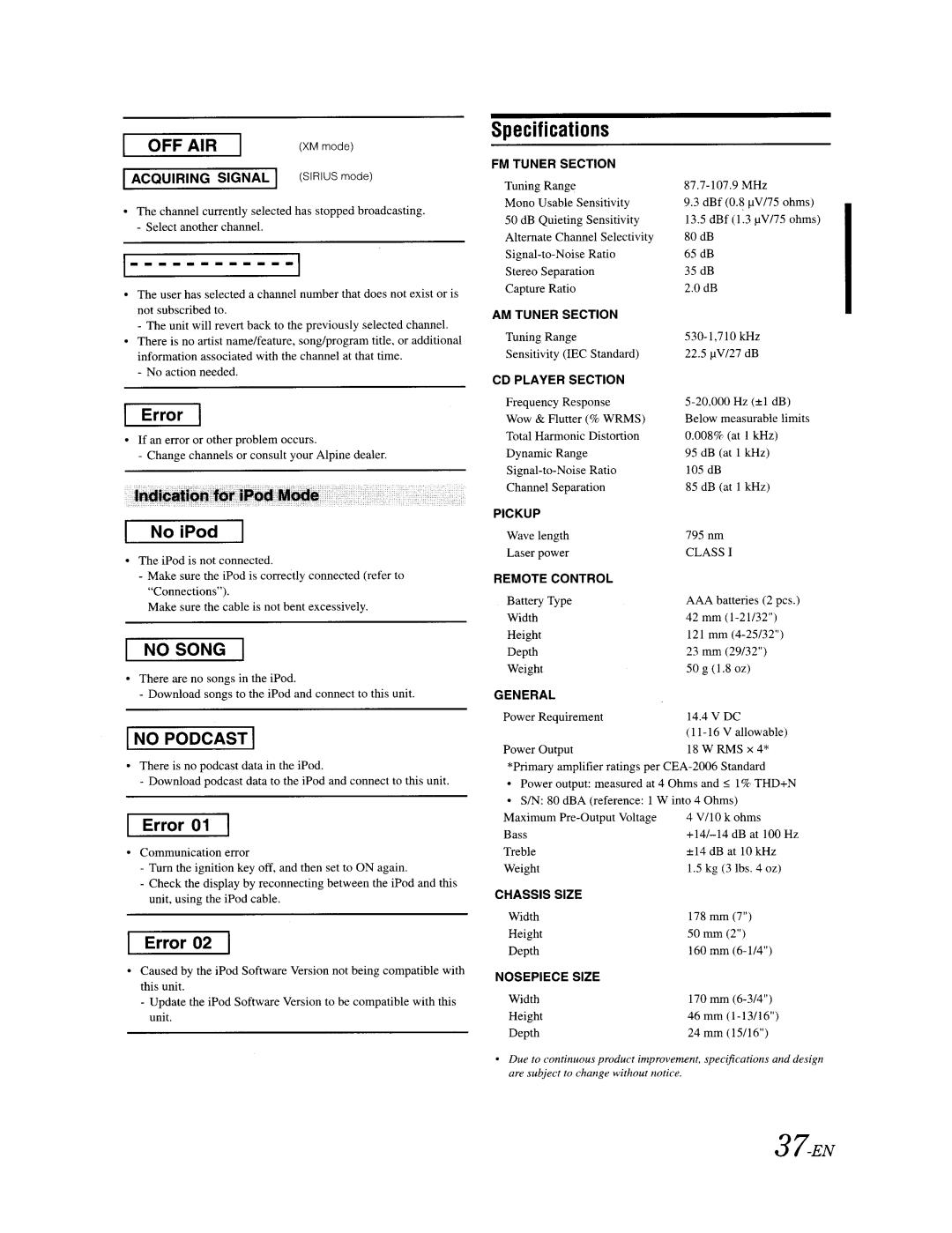 Alpine CDA-9887 owner manual 37-EN, Specifications 