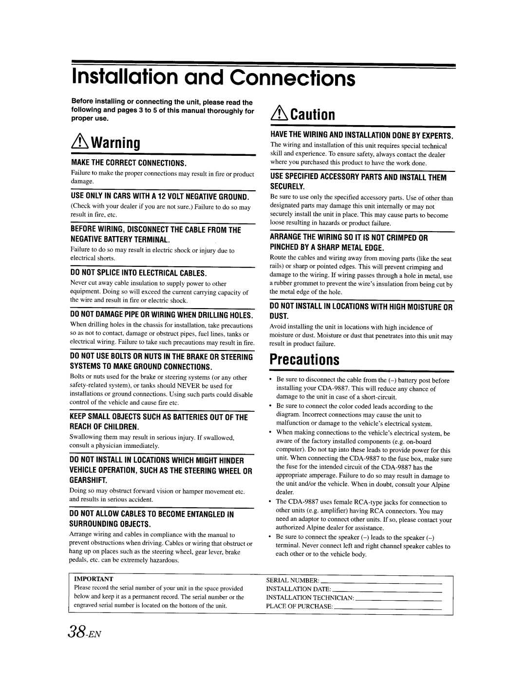 Alpine CDA-9887 owner manual 38-EN, ~Warning, ~Caution, Installation and Connections, Precautions 