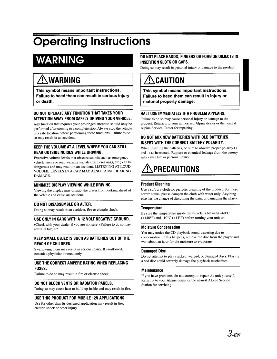 Alpine CDA-9887 owner manual 3-EN, Operating Instructions, Warning, Caution, Precautions 