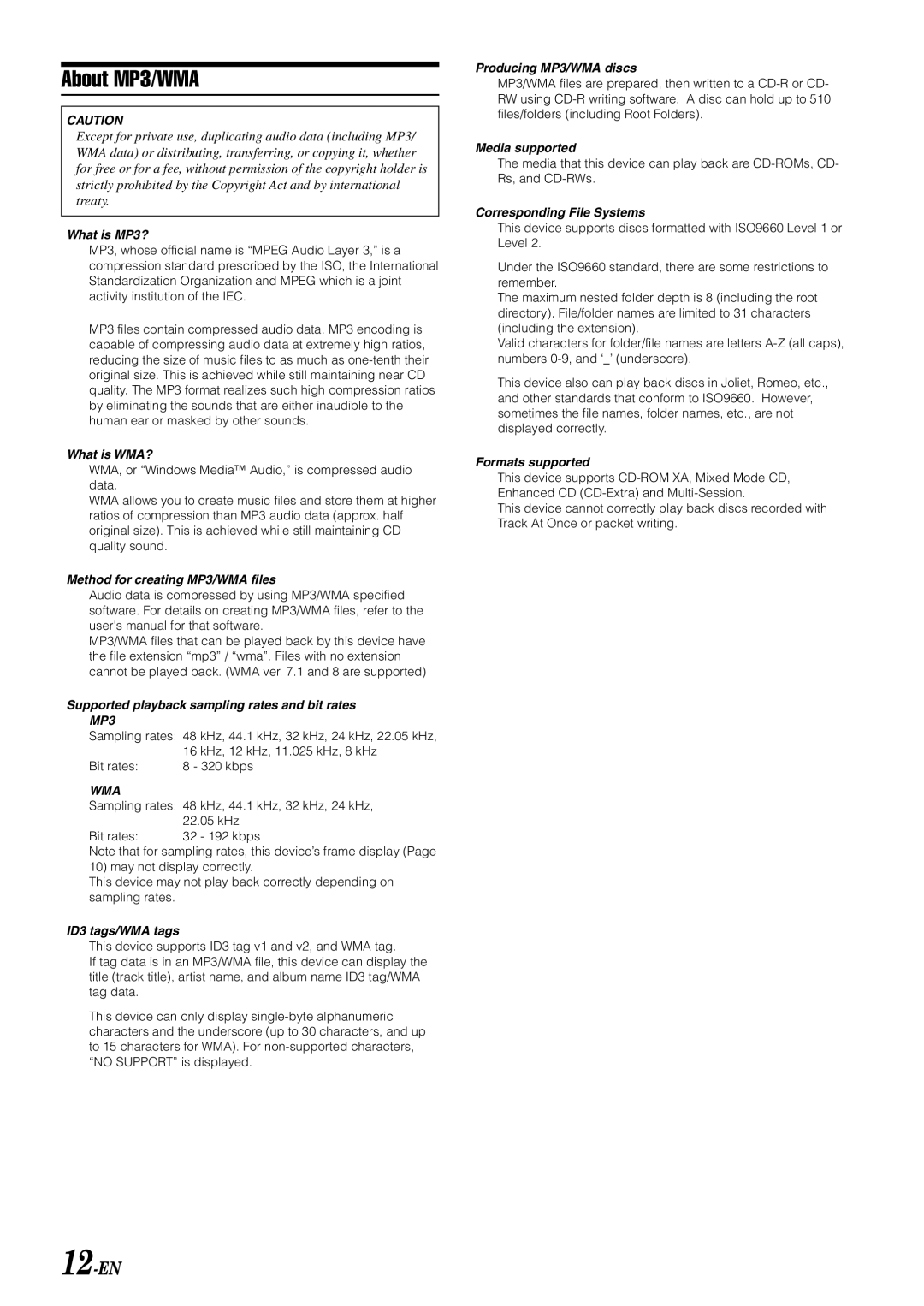 Alpine CDA-W560EG owner manual About MP3/WMA 