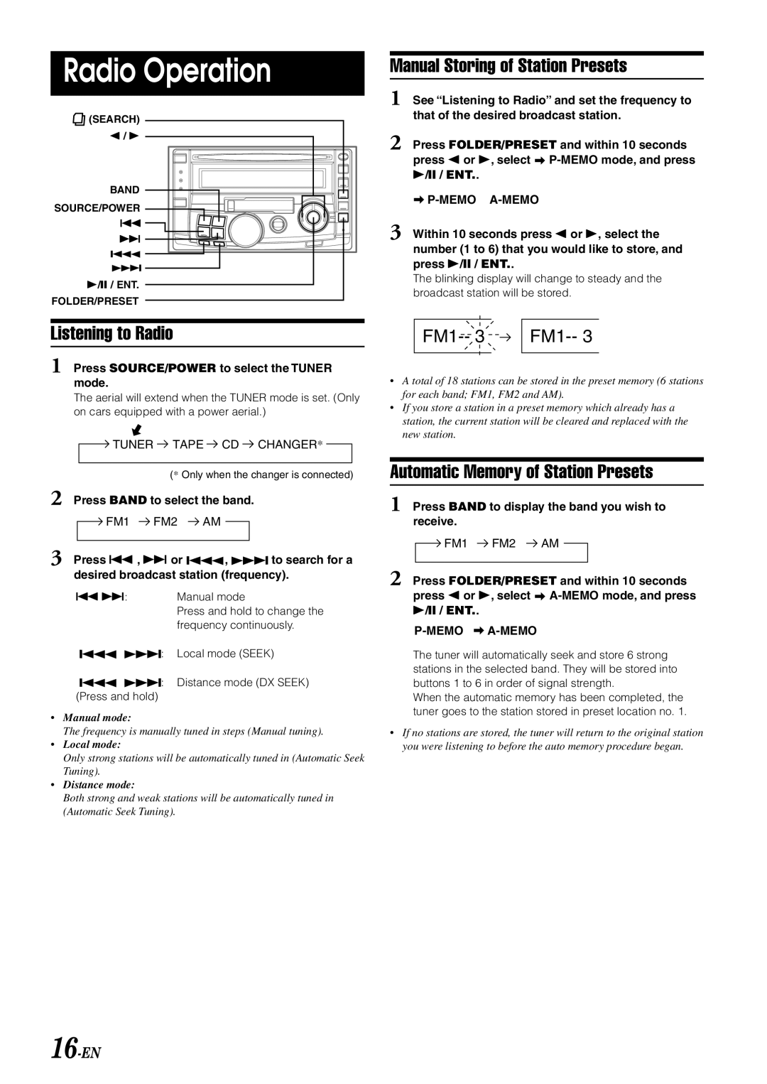 Alpine CDA-W560EG owner manual Listening to Radio, Automatic Memory of Station Presets, Memo A-MEMO 