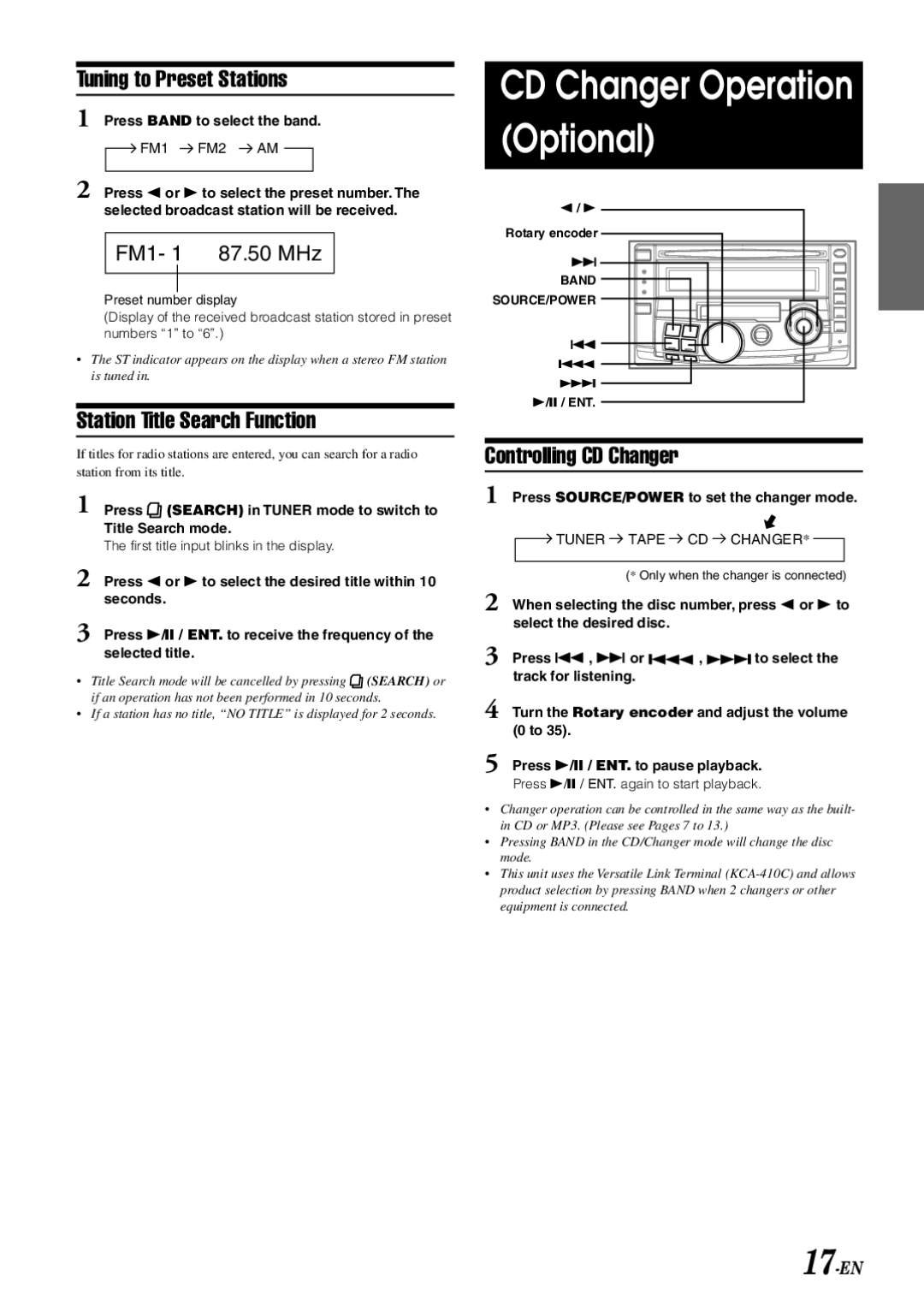 Alpine CDA-W560EG owner manual CD Changer Operation Optional, Tuning to Preset Stations, Station Title Search Function 