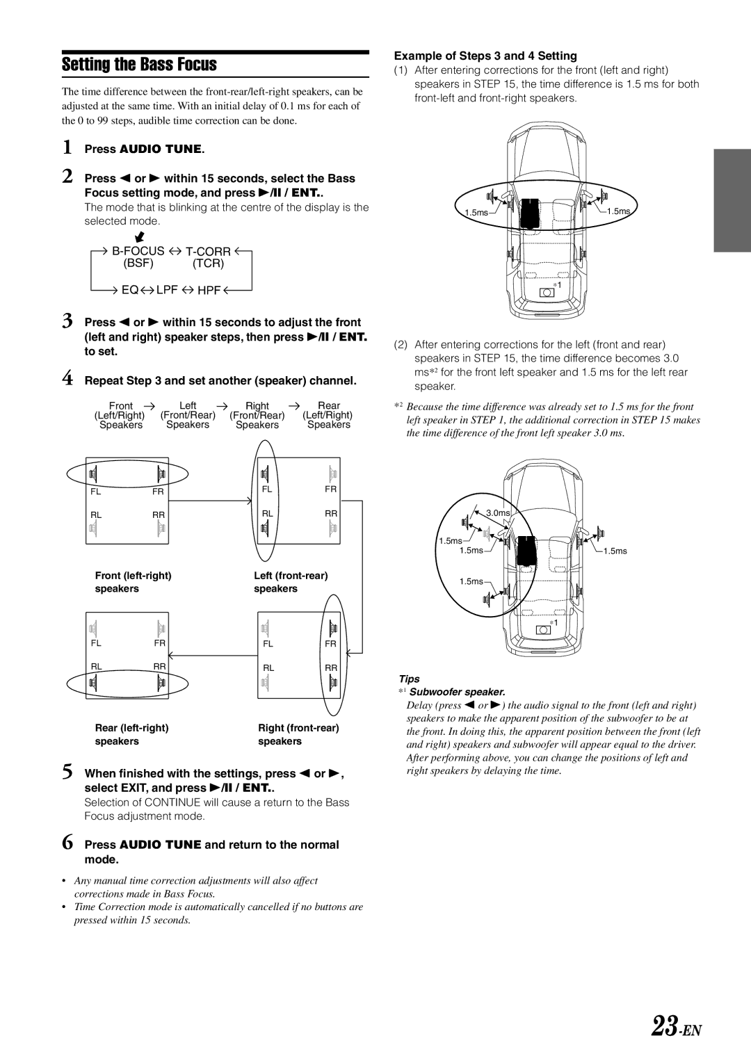 Alpine CDA-W560EG Setting the Bass Focus, Example of Steps 3 and 4 Setting, Press Audio Tune and return to the normal mode 