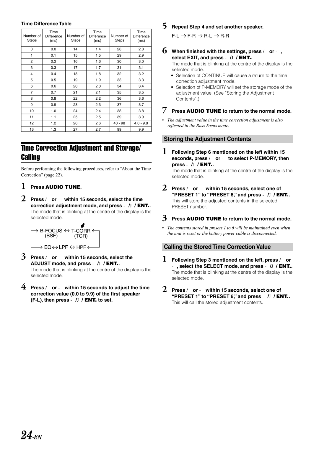 Alpine CDA-W560EG owner manual Time Correction Adjustment and Storage/ Calling, Storing the Adjustment Contents 