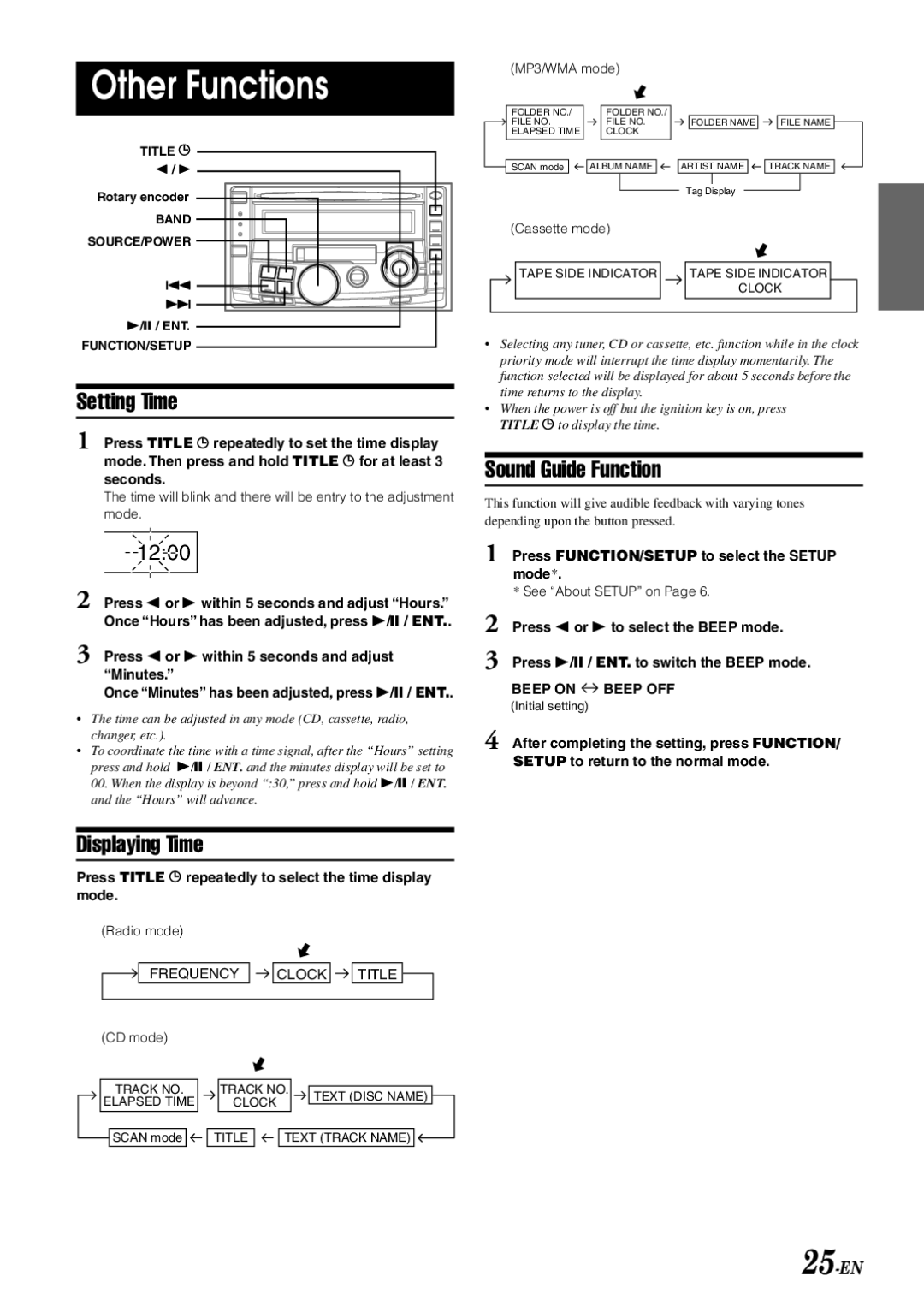 Alpine CDA-W560EG owner manual Other Functions, Setting Time, Displaying Time, Sound Guide Function, Beep on Beep OFF 