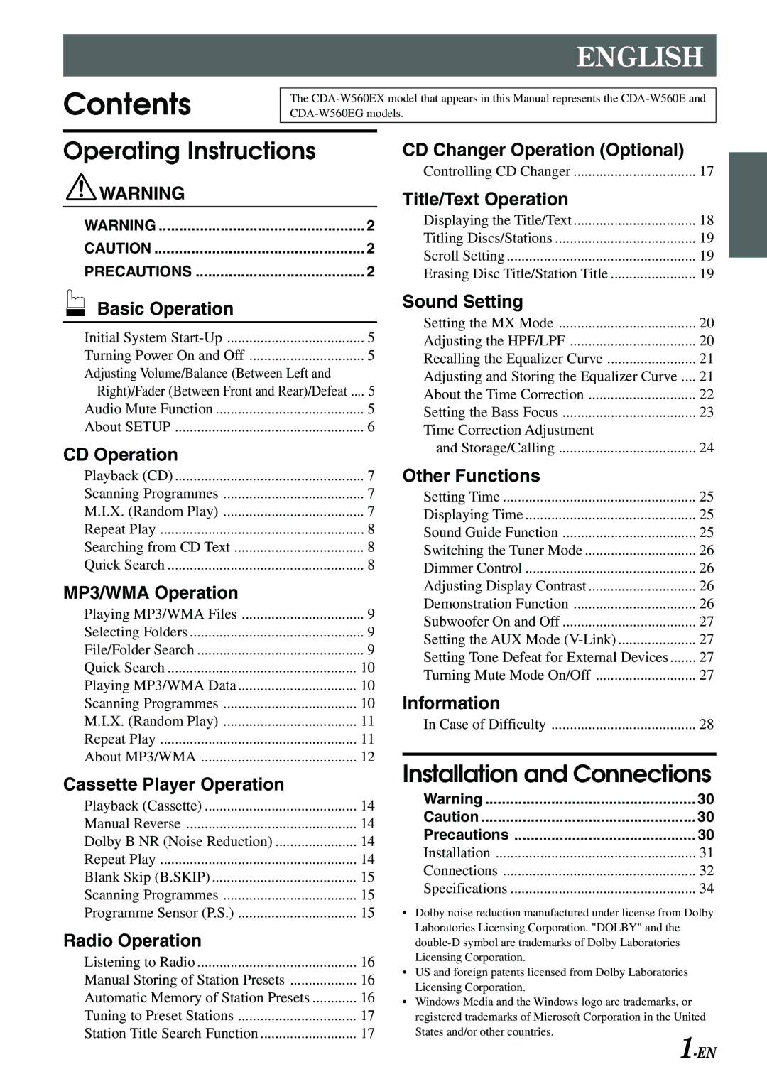 Alpine CDA-W560EG owner manual Contents 