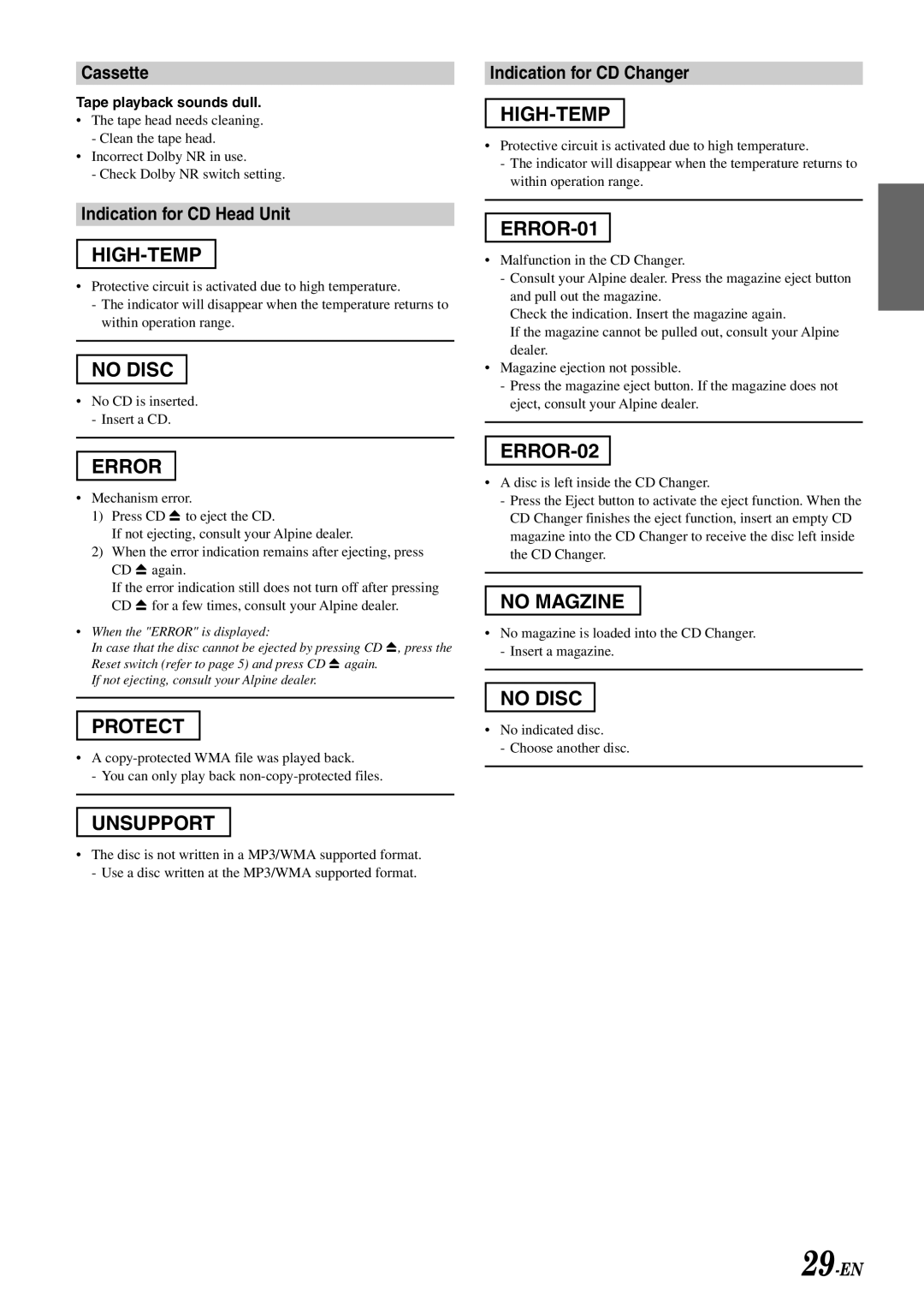 Alpine CDA-W560EG owner manual Cassette, Indication for CD Head Unit, Indication for CD Changer, Tape playback sounds dull 