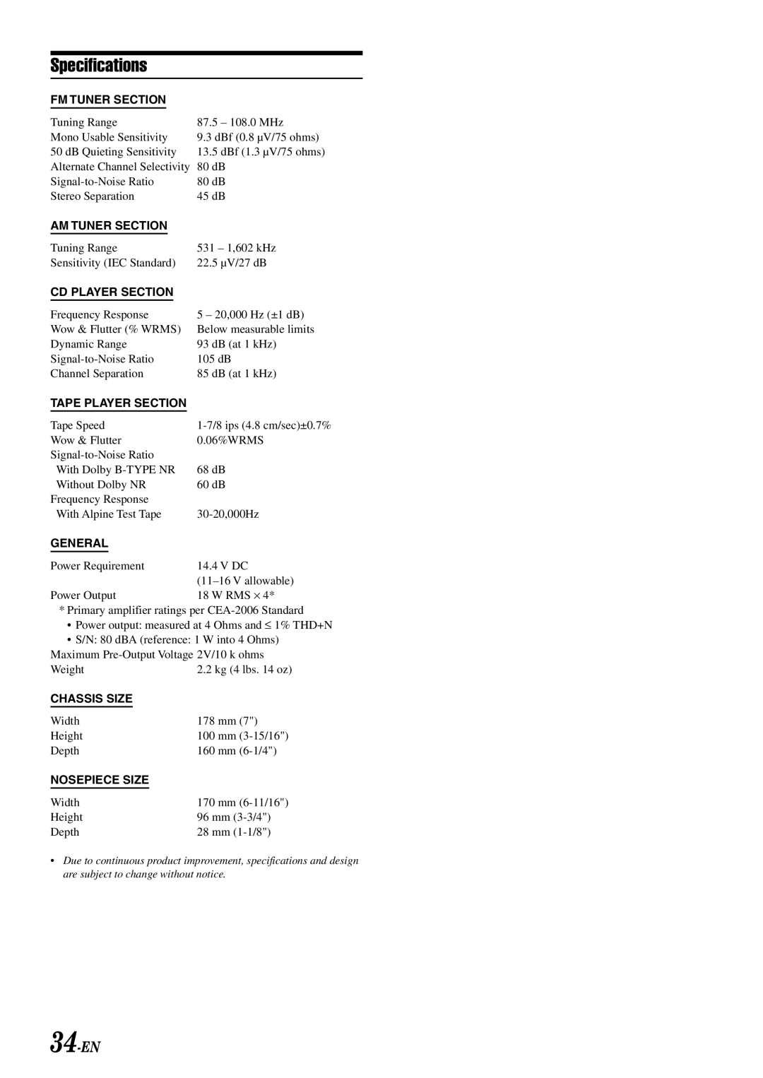 Alpine CDA-W560EG owner manual Specifications 