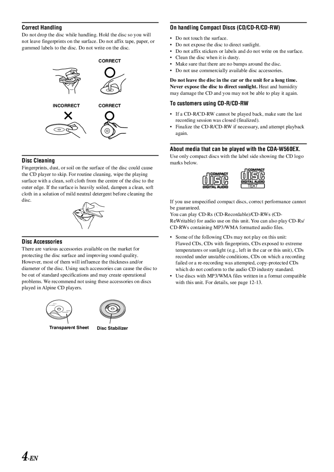 Alpine CDA-W560EG owner manual Correct Handling 