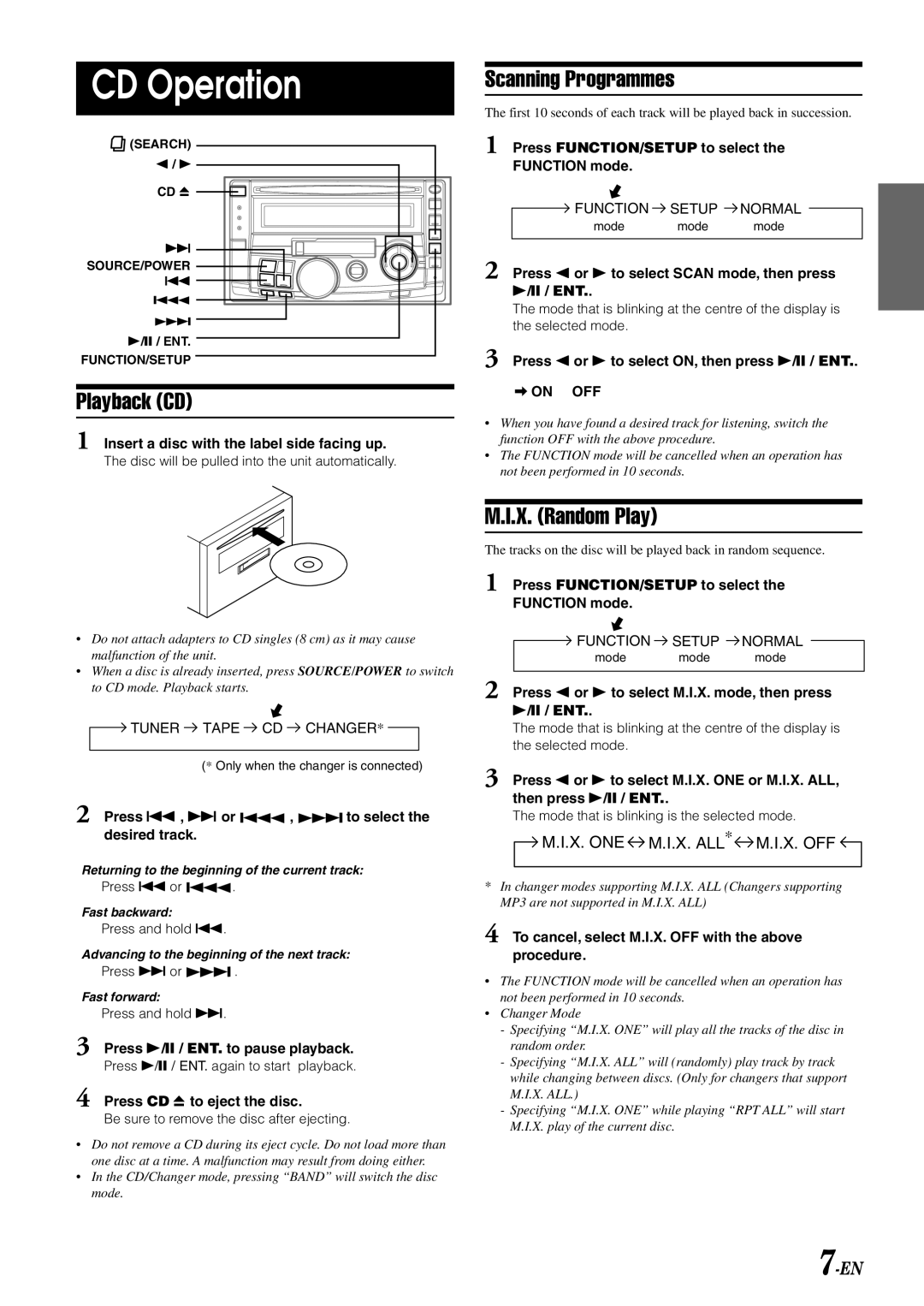 Alpine CDA-W560EG owner manual CD Operation, Scanning Programmes, Playback CD, X. Random Play, On OFF 