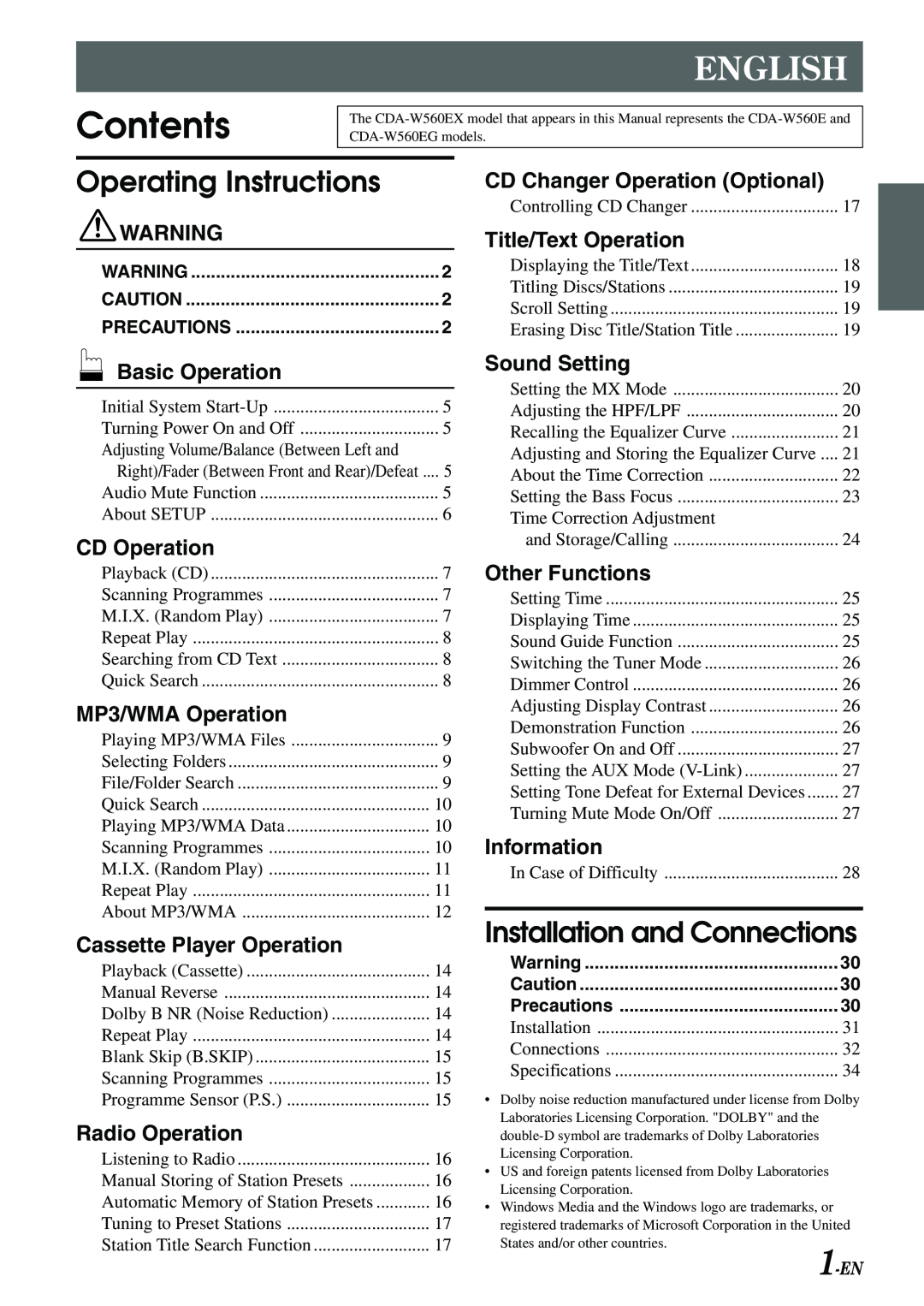 Alpine CDA-W560EG owner manual Contents, English, Operating Instructions, Installation and Connections 