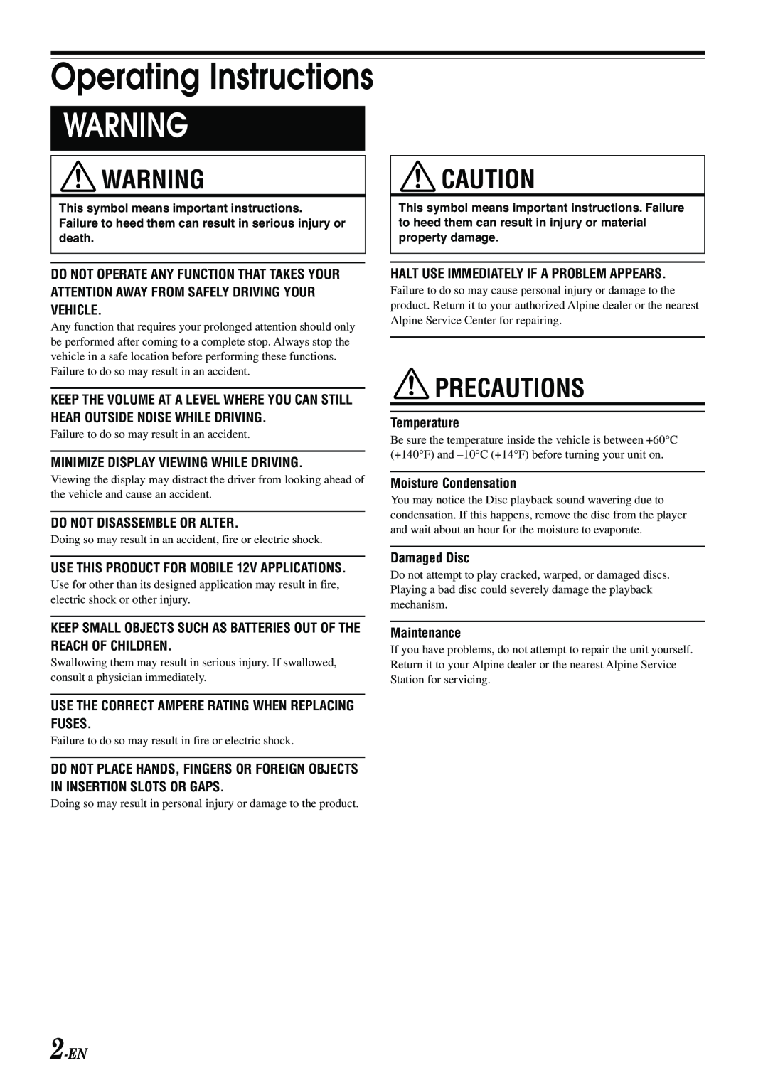 Alpine CDA-W560EG owner manual Precautions, Operating Instructions, 2-EN 