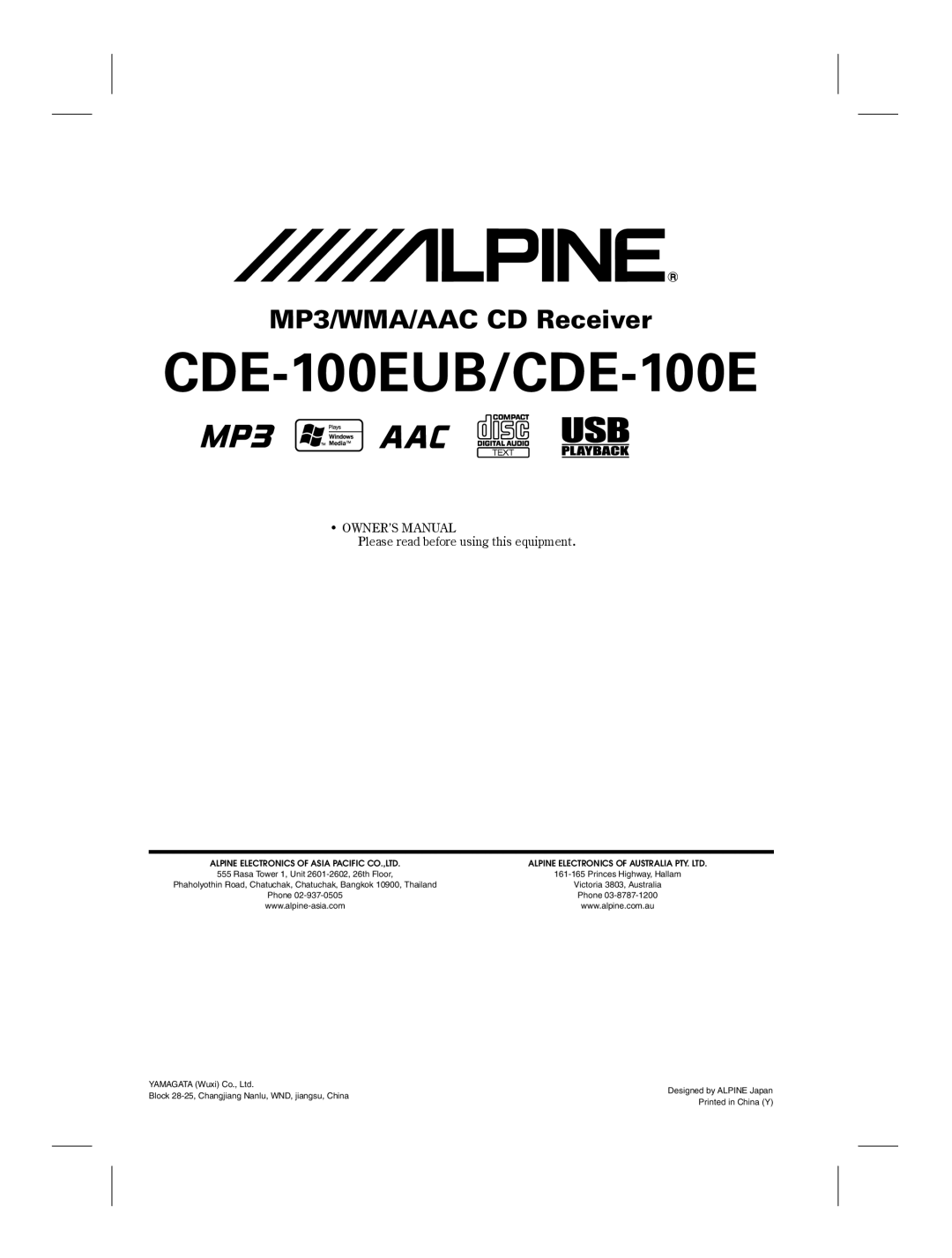 Alpine owner manual CDE-100EUB/CDE-100E, Please read before using this equipment 