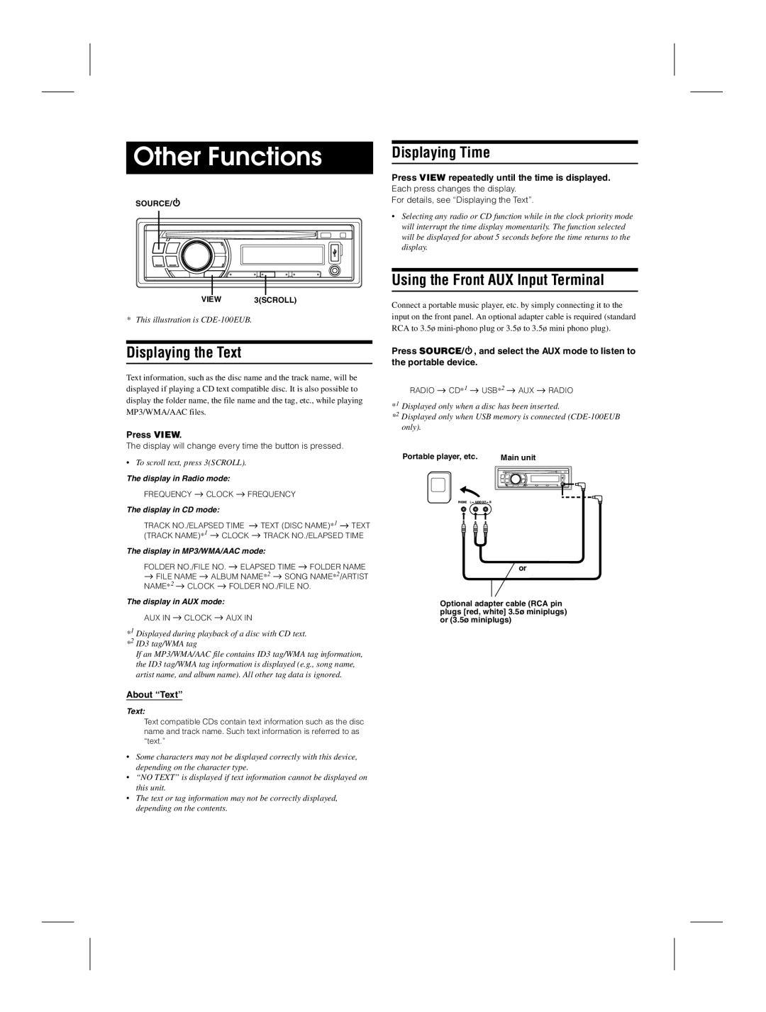 Alpine CDE-100EUB owner manual Other Functions, Displaying the Text, Displaying Time, Using the Front AUX Input Terminal 