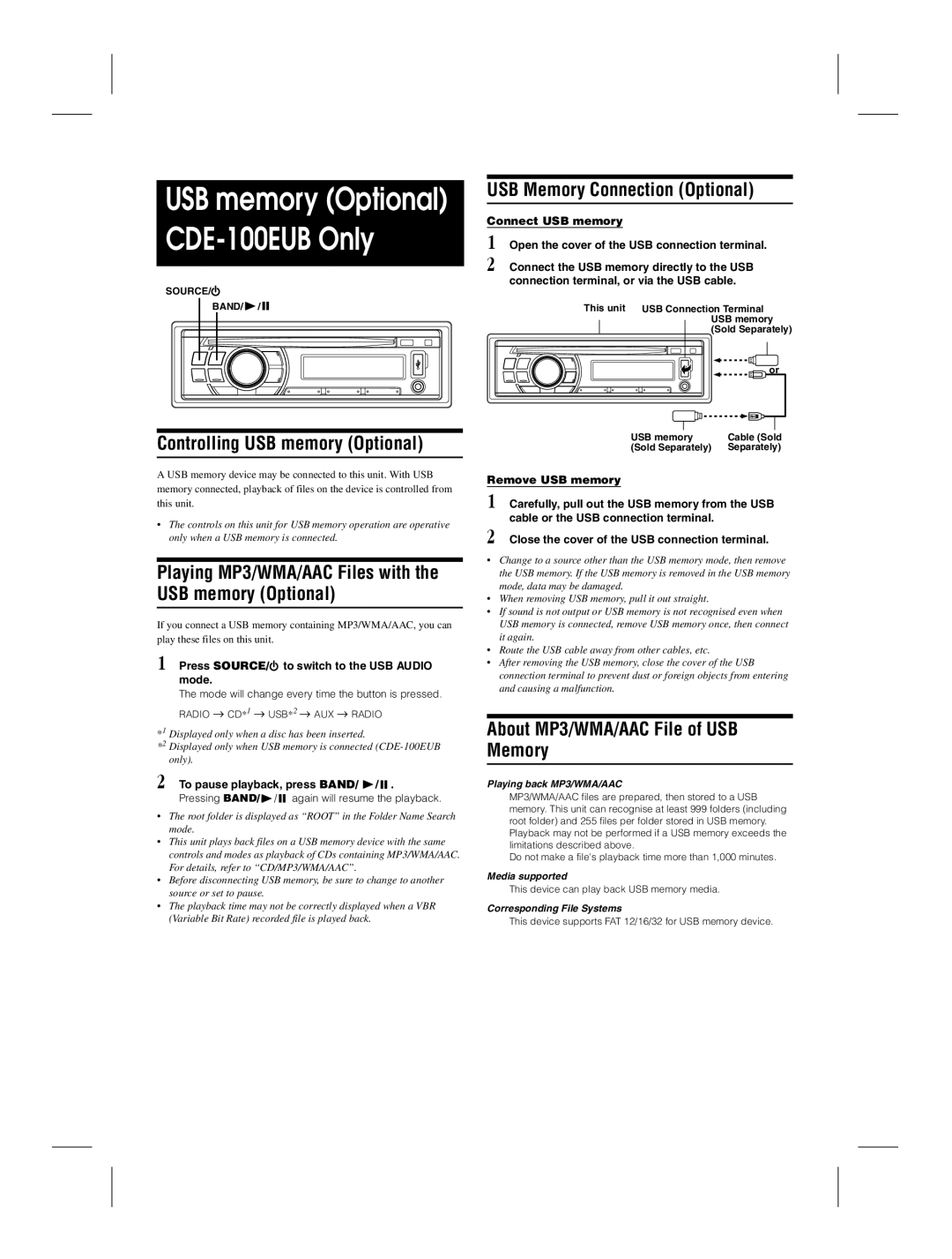 Alpine CDE-100EUB owner manual Controlling USB memory Optional, Playing MP3/WMA/AAC Files with the USB memory Optional 