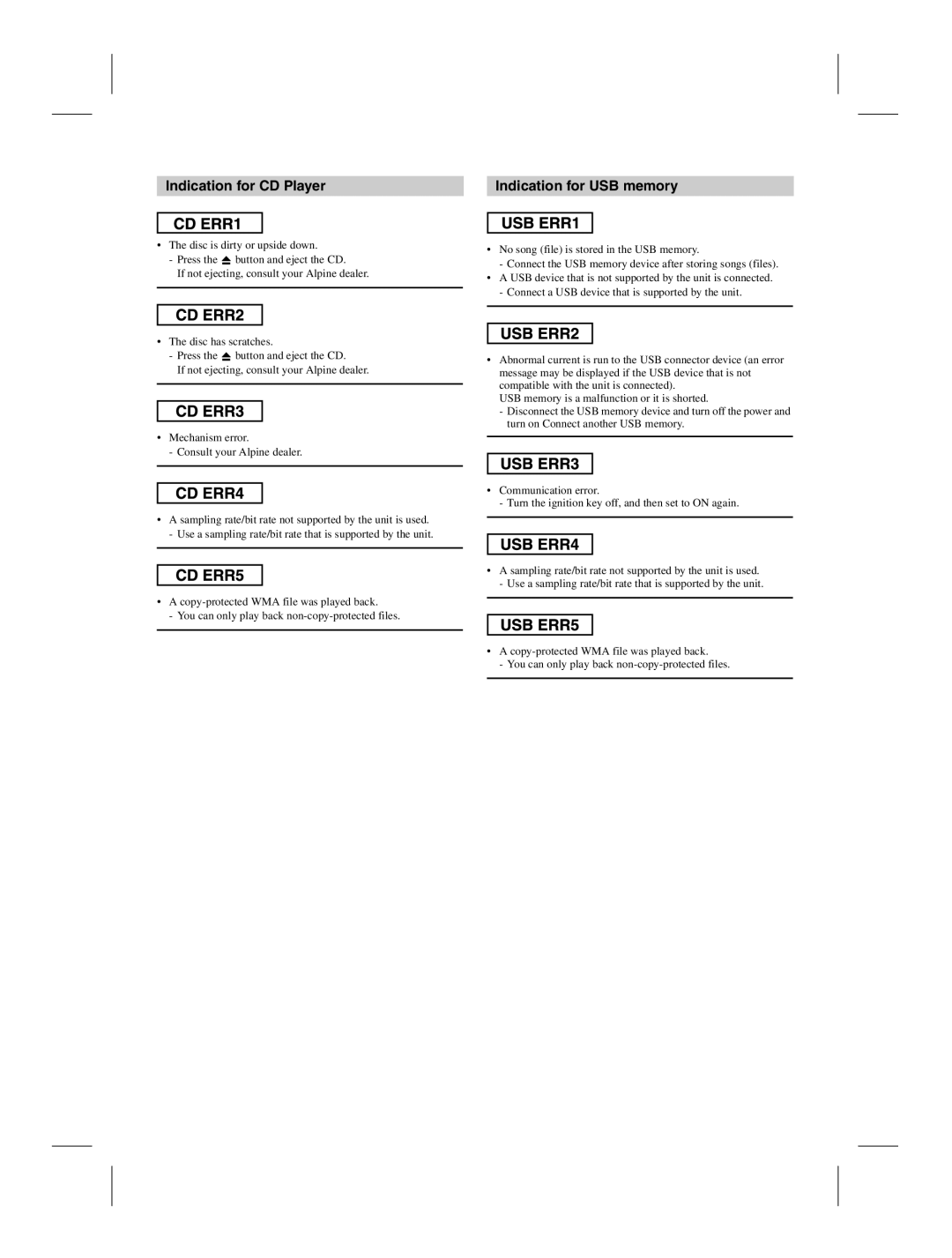 Alpine CDE-100EUB owner manual Indication for CD Player Indication for USB memory 