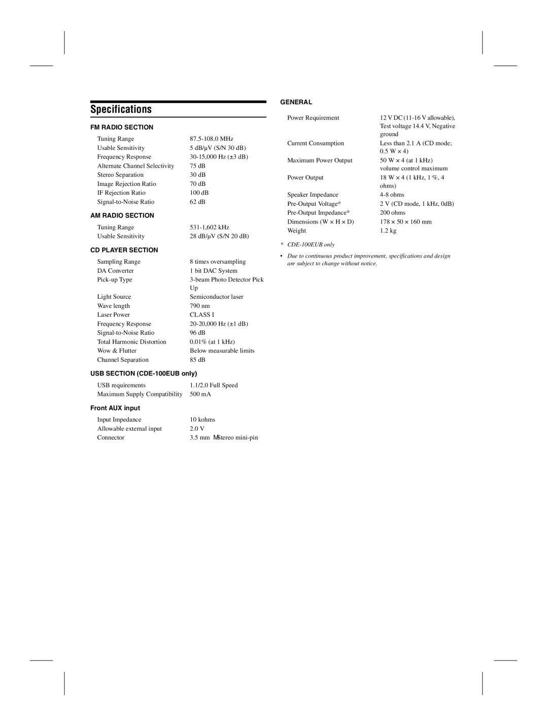 Alpine CDE-100EUB owner manual Specifications, FM Radio Section, AM Radio Section, CD Player Section, General 