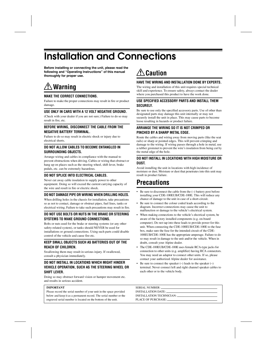 Alpine CDE-100EUB owner manual Make the Correct Connections, Have the Wiring and Installation Done by Experts, Shift Lever 