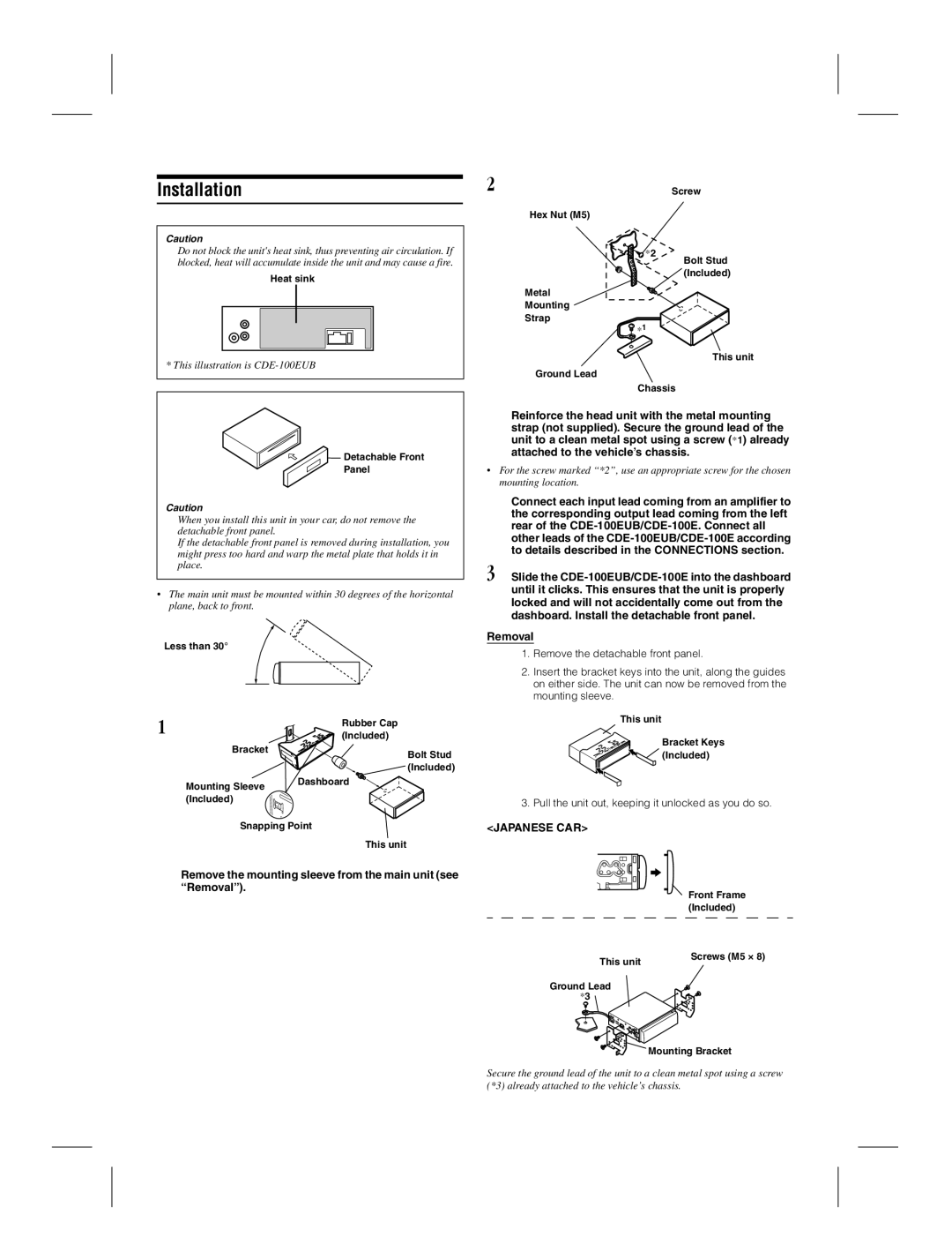 Alpine CDE-100EUB owner manual Installation, Remove the mounting sleeve from the main unit see Removal, Japanese CAR 