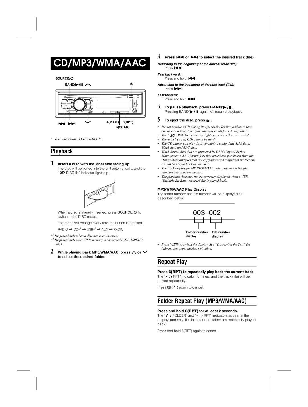 Alpine CDE-100EUB owner manual Playback, Folder Repeat Play MP3/WMA/AAC 