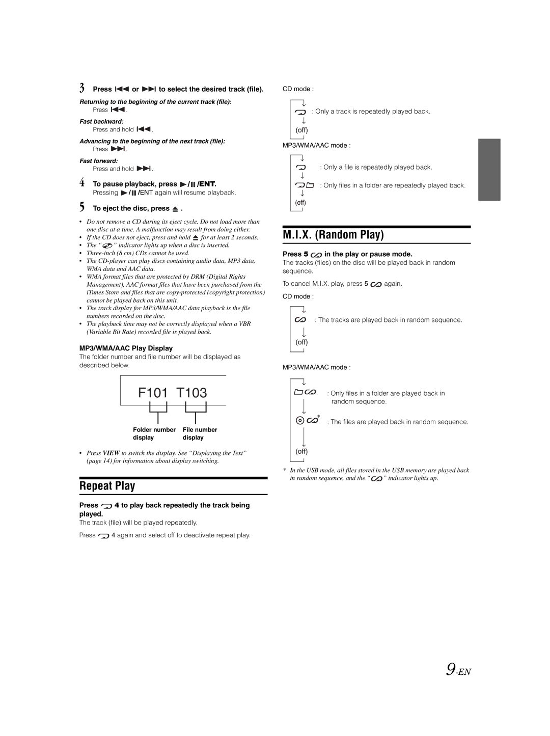 Alpine CDE-102E, CDE-101EM, CDE-103EBT owner manual Repeat Play, X. Random Play 