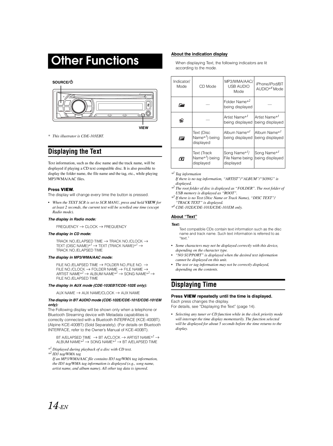 Alpine CDE-101EM, CDE-103EBT, CDE-102E owner manual Other Functions, Displaying the Text, Displaying Time, 14-EN 