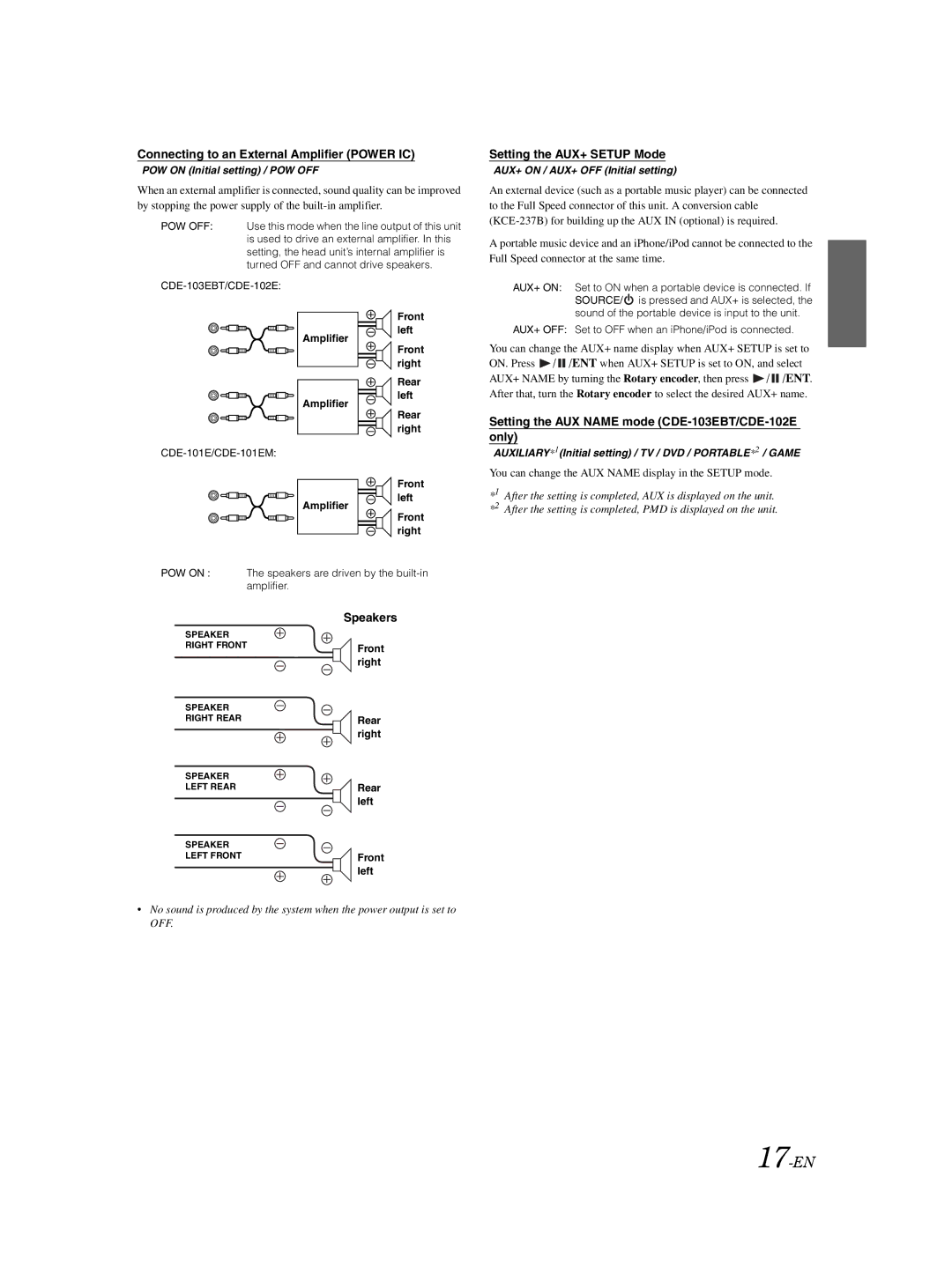 Alpine CDE-102E, CDE-101EM 17-EN, Connecting to an External Amplifier Power IC, Speakers, Setting the AUX+ Setup Mode 