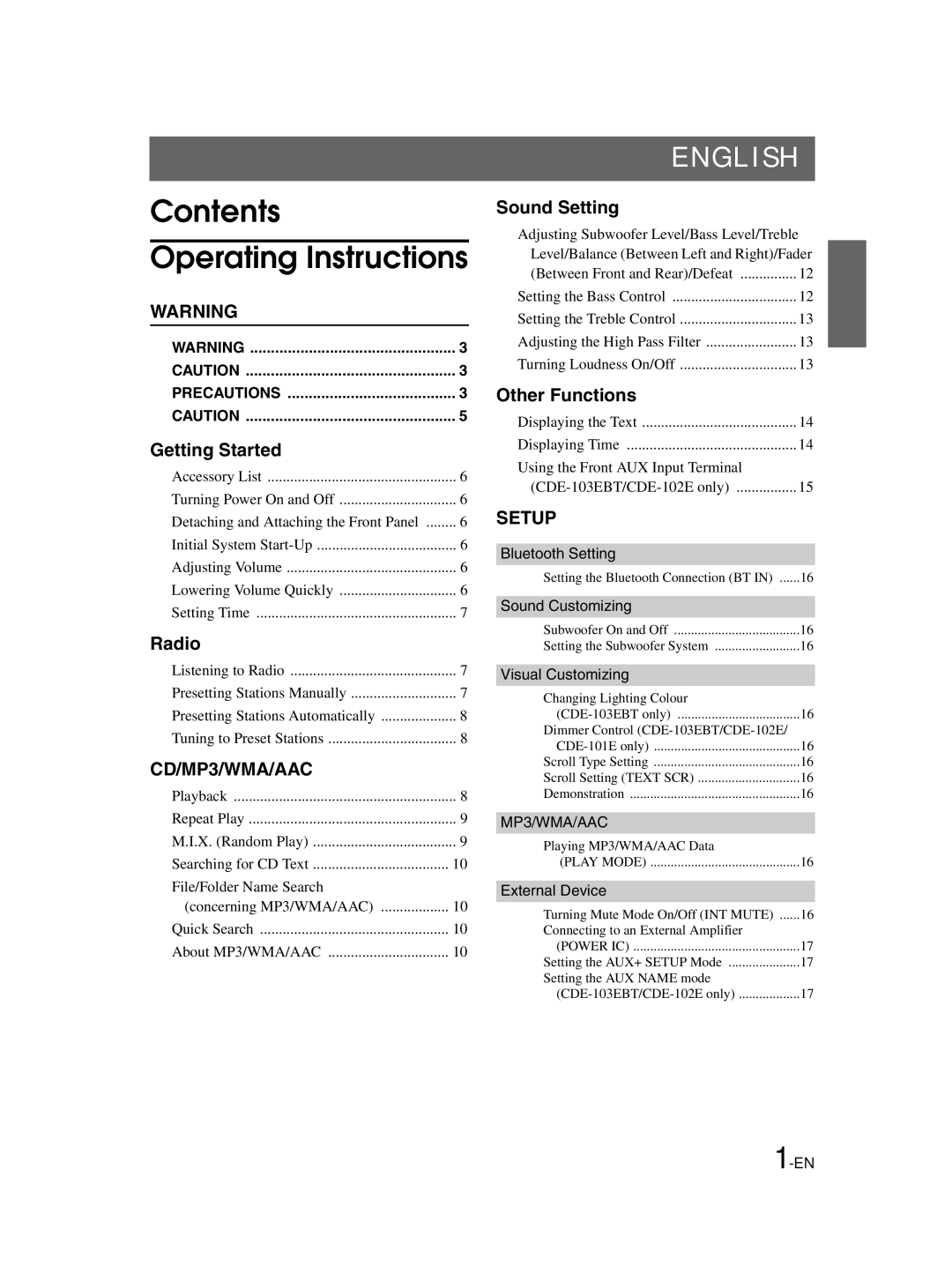 Alpine CDE-102E, CDE-101EM, CDE-103EBT owner manual Contents Operating Instructions 