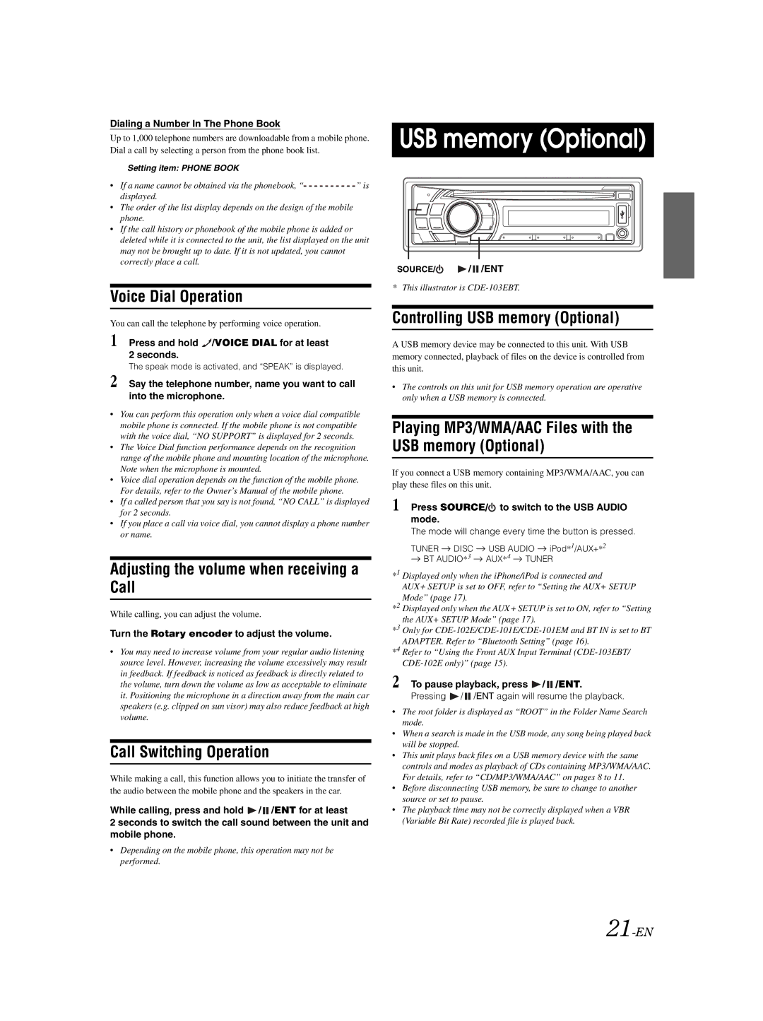 Alpine CDE-102E, CDE-101EM, CDE-103EBT owner manual USB memory Optional 