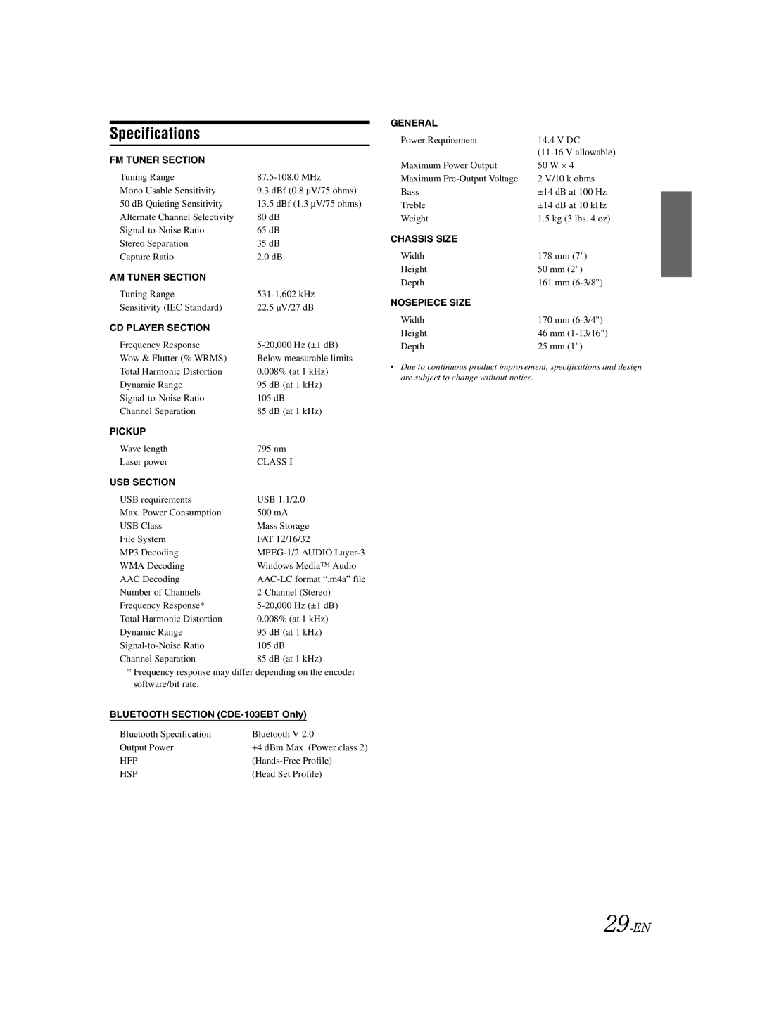 Alpine CDE-102E, CDE-101EM owner manual Specifications, 29-EN, Bluetooth Section CDE-103EBT Only 