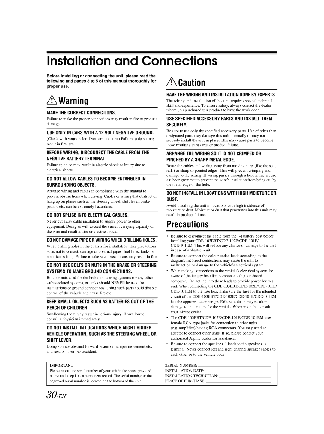 Alpine CDE-101EM, CDE-103EBT, CDE-102E owner manual Installation and Connections, 30-EN 